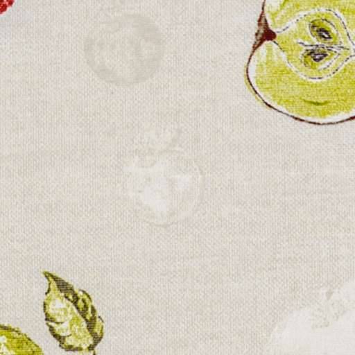 Nahaufnahme eines hellen Stoffes mit einem subtilen weißen Blumenmuster und kleinen grün-gelben Blattelementen an den Rändern.
