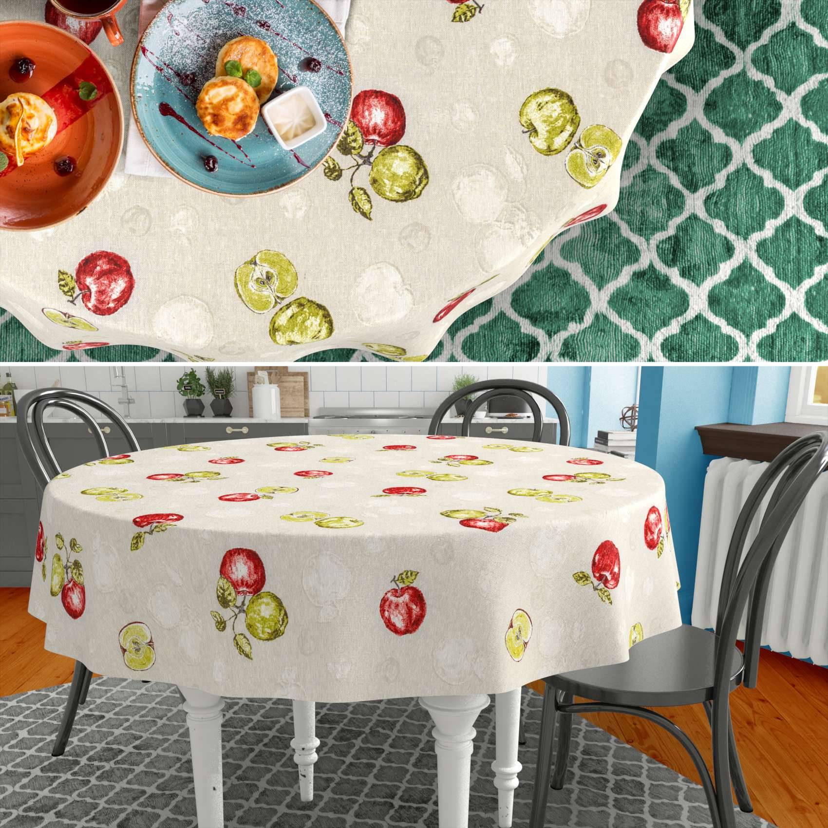 Runde Creme-Tischdecke mit rotem und grünem Apfeldruck auf einem Esstisch, gezeigt in Nahaufnahme und in einer Raumeinstellung mit Stühlen und Teppich.