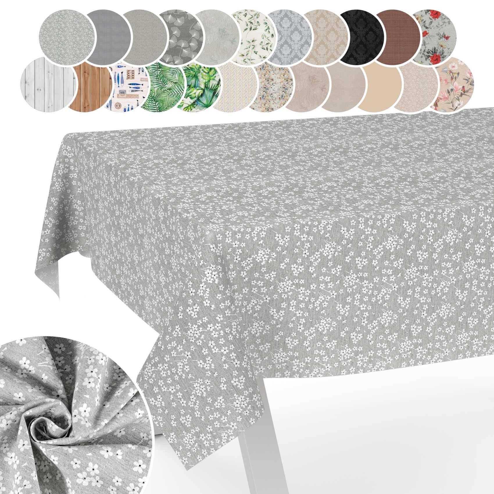 Grauer floraler Tischdecke auf einem Tisch dargestellt, mit kreisförmigen Mustern oben, die verfügbare Farb- und Mustervariationen zeigen.