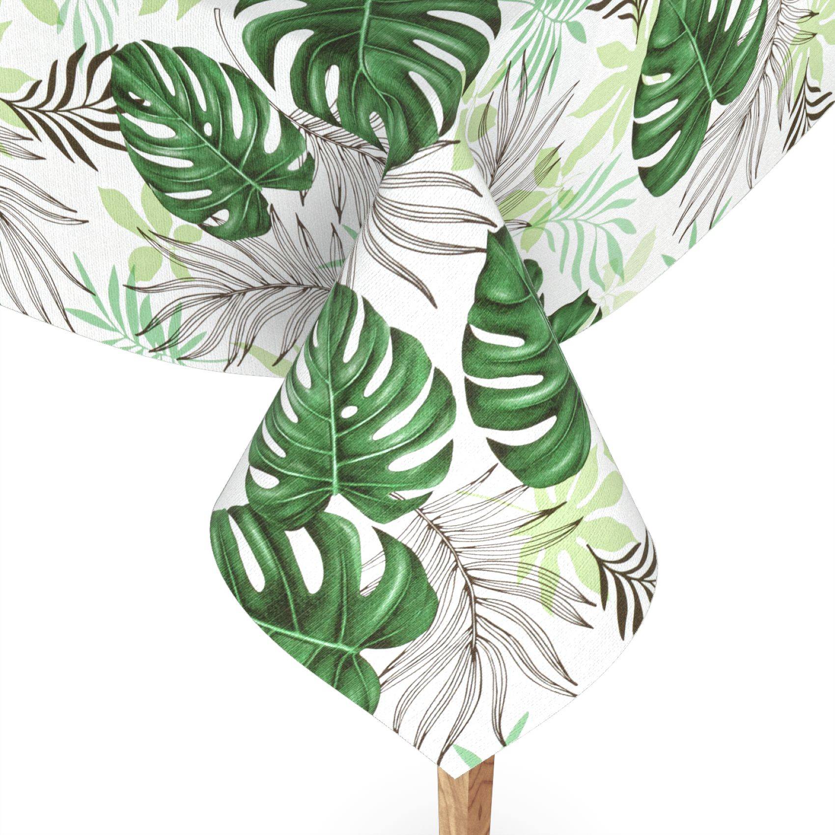 Tropische Krawatte mit Blattmuster, grüne Monstera und Palmwedel auf weißem Hintergrund, aufrecht auf einem Holzständer präsentiert.
