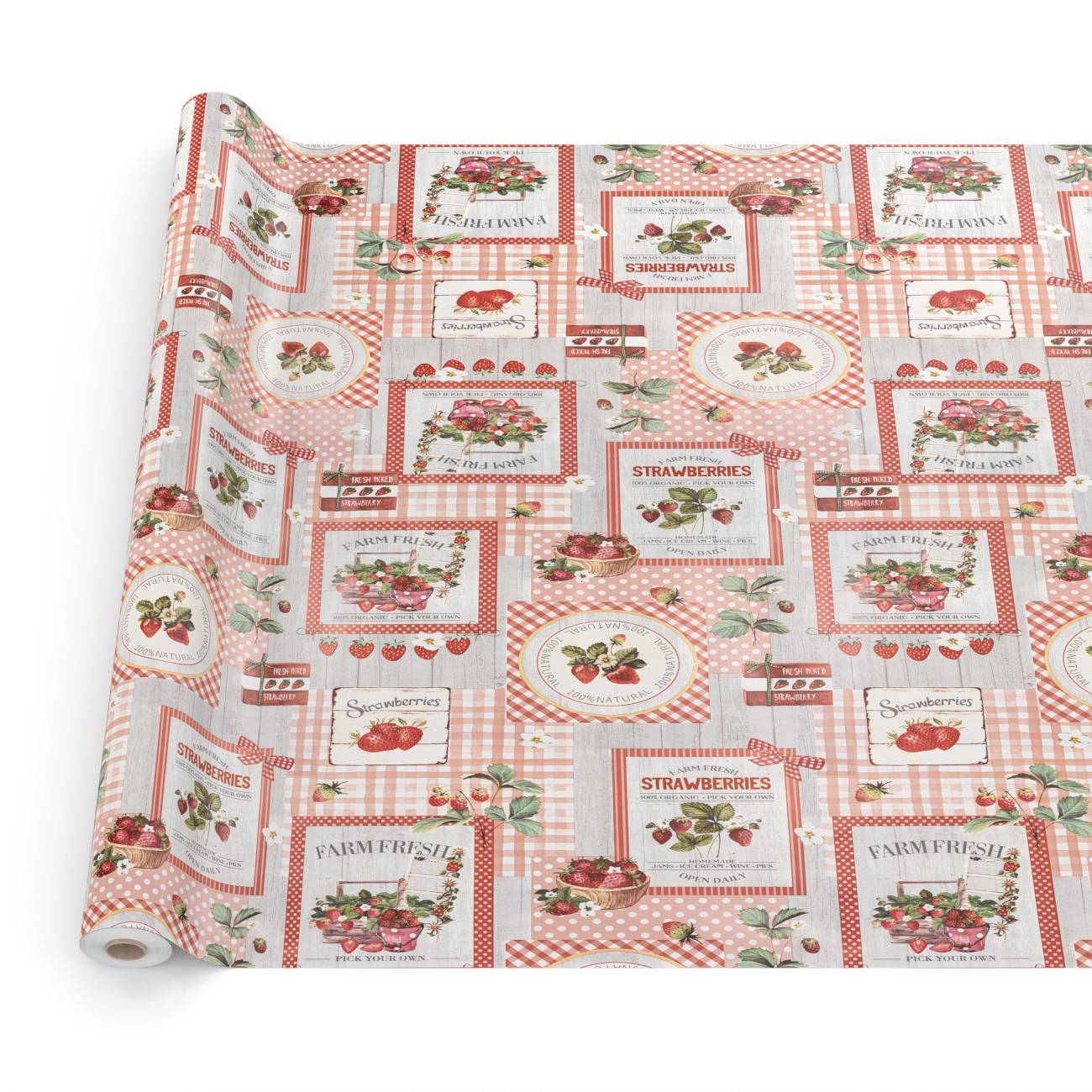 Rolle mit erdbeerengethematisiertem Musterdruckpapier mit rot-weißen Patchwork-Quadraten, Fruchtillustrationen und „ERDBEEREN