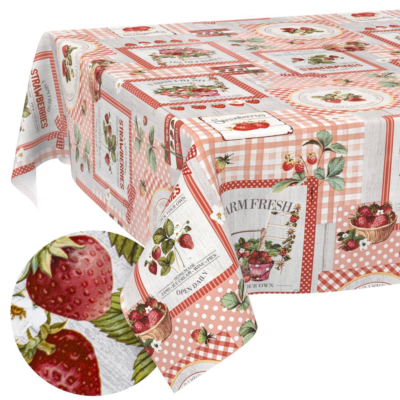 Erdbeer-Tischdecke mit rosa Karomuster, Obstillustrationen und den Texten „Farm Fresh" und „Strawberries"", dargestellt auf einem Tisch mit einer vergrößerten Detailaufnahme des Stoffmusters.