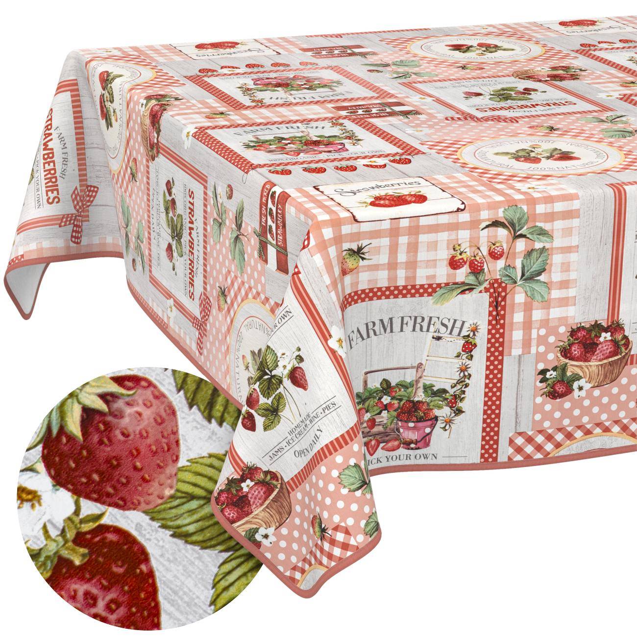 Rosa karierte Tischdecke mit Erdbeeren- und „Farm Fresh"-Druck, über einem Tisch drapiert, mit einer Nahaufnahme des Stoffmusters in einem eingefügten Bild.