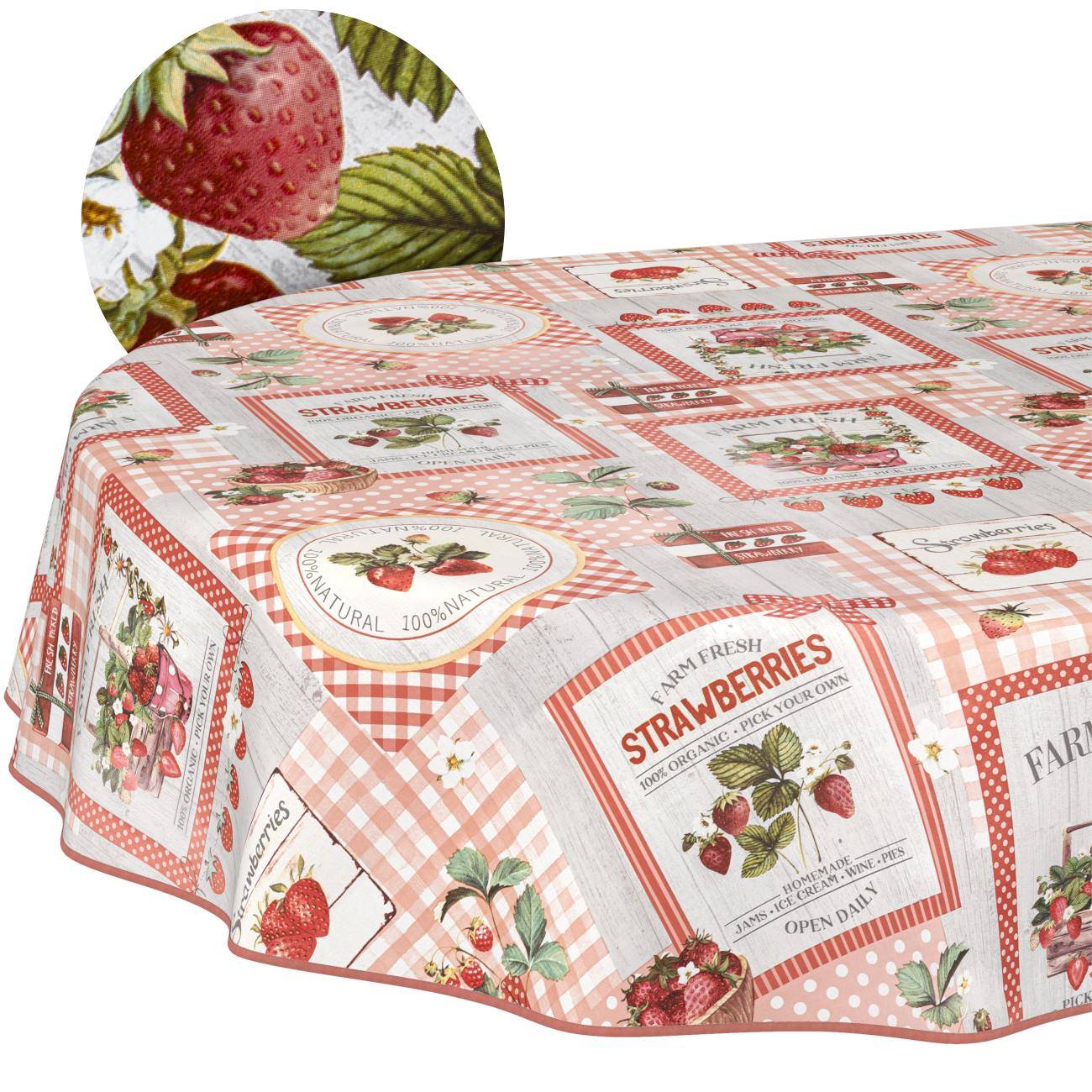 Erdbeerthematische Tischdecke aus rosa kariertem Stoff mit vintage Fruchtetiketten, mit Erdbeeren und Blumenmustern.