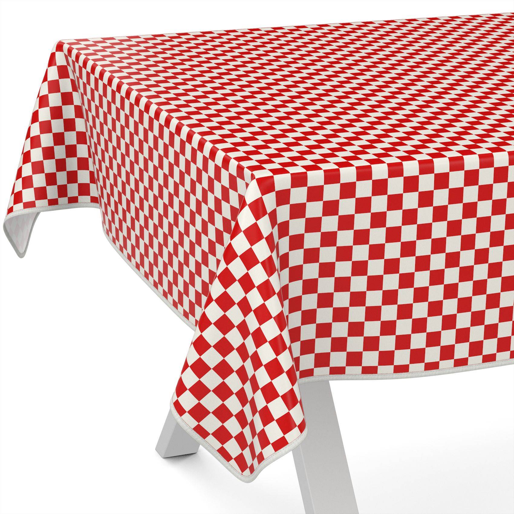Rote und weiße karierte Tischdecke, die über einen rechteckigen Tisch auf weißem Hintergrund drapiert ist.