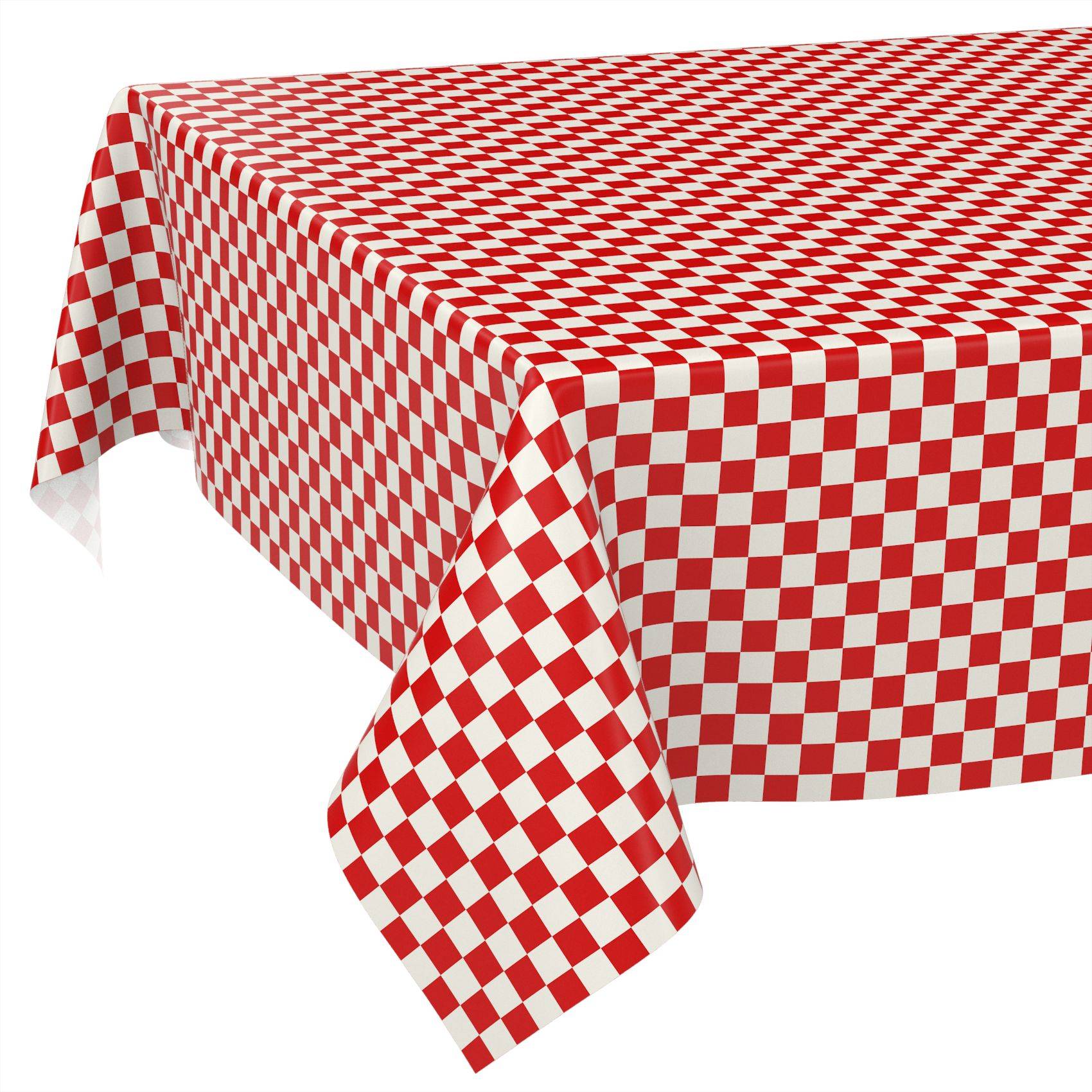 Tisch mit einer rot-weiß karierten Tischdecke, die über die Kanten drapiert ist.