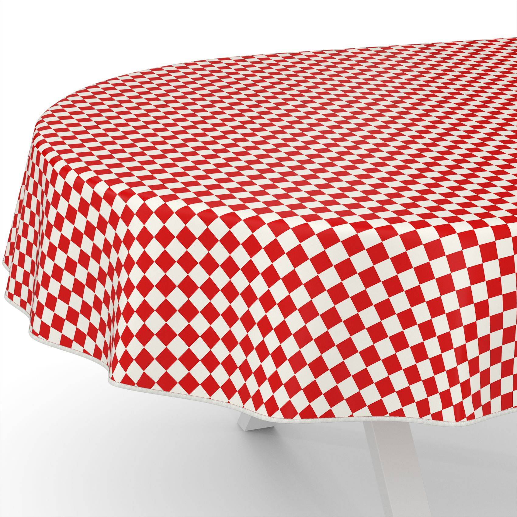 Nahaufnahme eines runden Tisches, bedeckt mit einer rot-weißen karierten Tischdecke mit Rautenmuster.