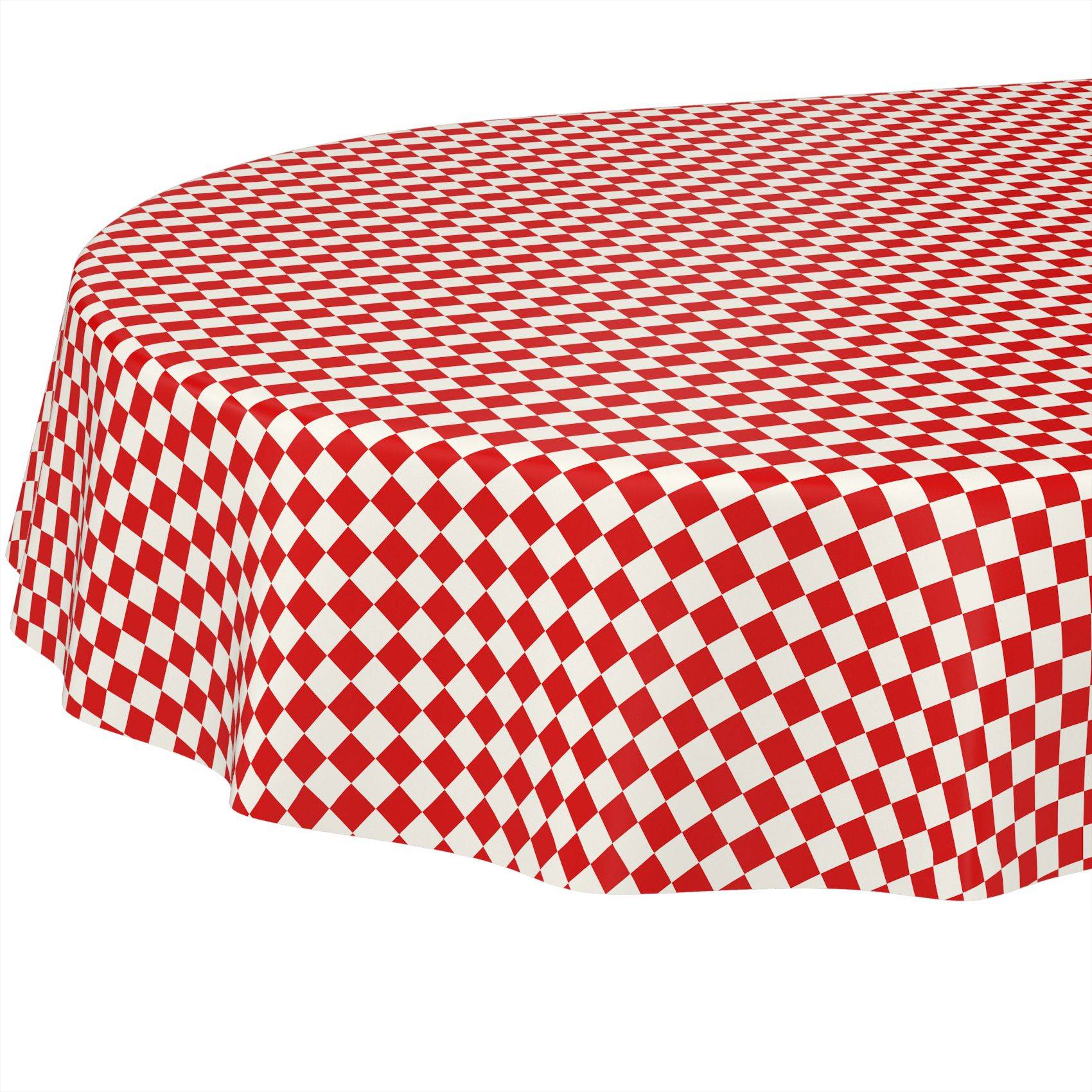Runder Tisch mit einer rot-weiß karierten Tischdecke auf weißem Hintergrund.