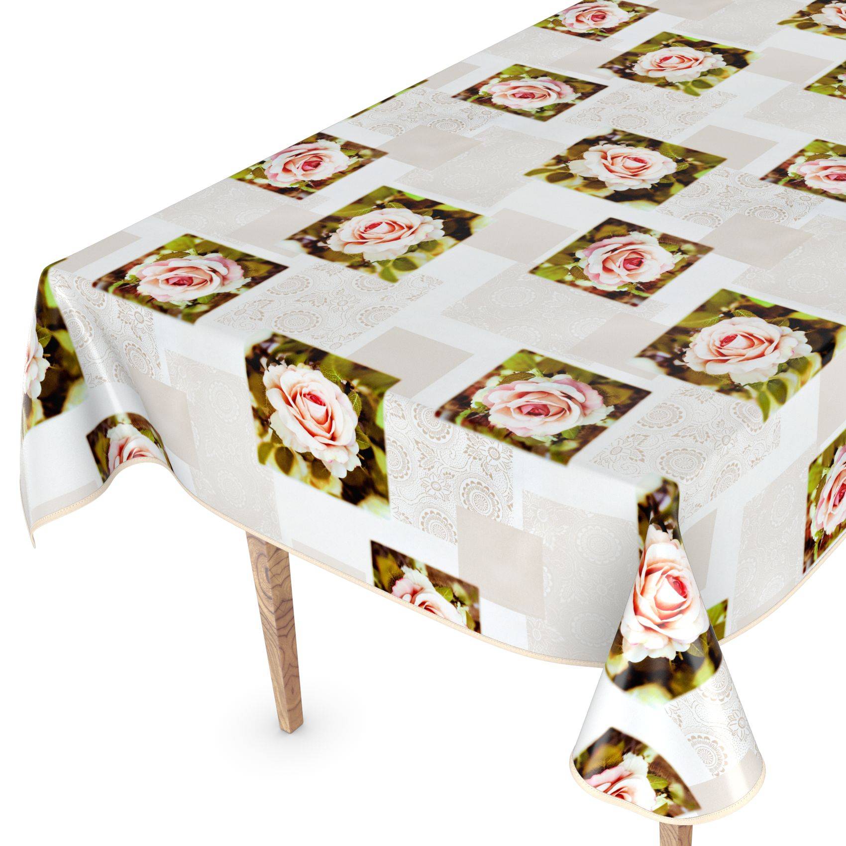 Tisch mit einer weißen Tischdecke mit Blumenmuster und Rosenmotiv, die über die Kanten drapiert ist.