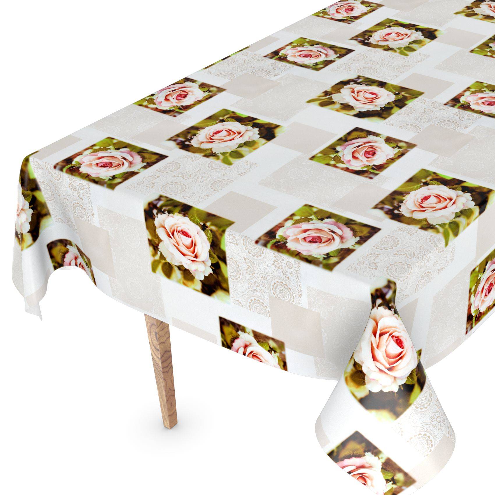 Tisch mit einer weißen Tischdecke mit bedruckten rosa Rosenquadraten, die sich wiederholen und über die Kanten herunter hängt.