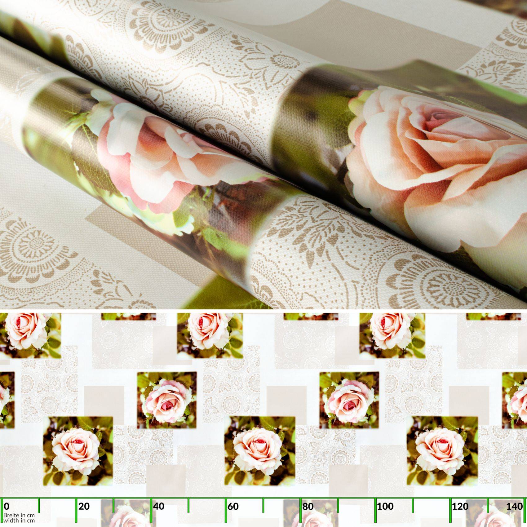 Designvorschau von Blumentapettenrollen mit blassrosa Rosen und beige Damastmuster, oben gezeigt über einem wiederholten Rosen-und-Quadrat-Tapetenmuster mit einem grünen Messstab entlang des unteren Randes.