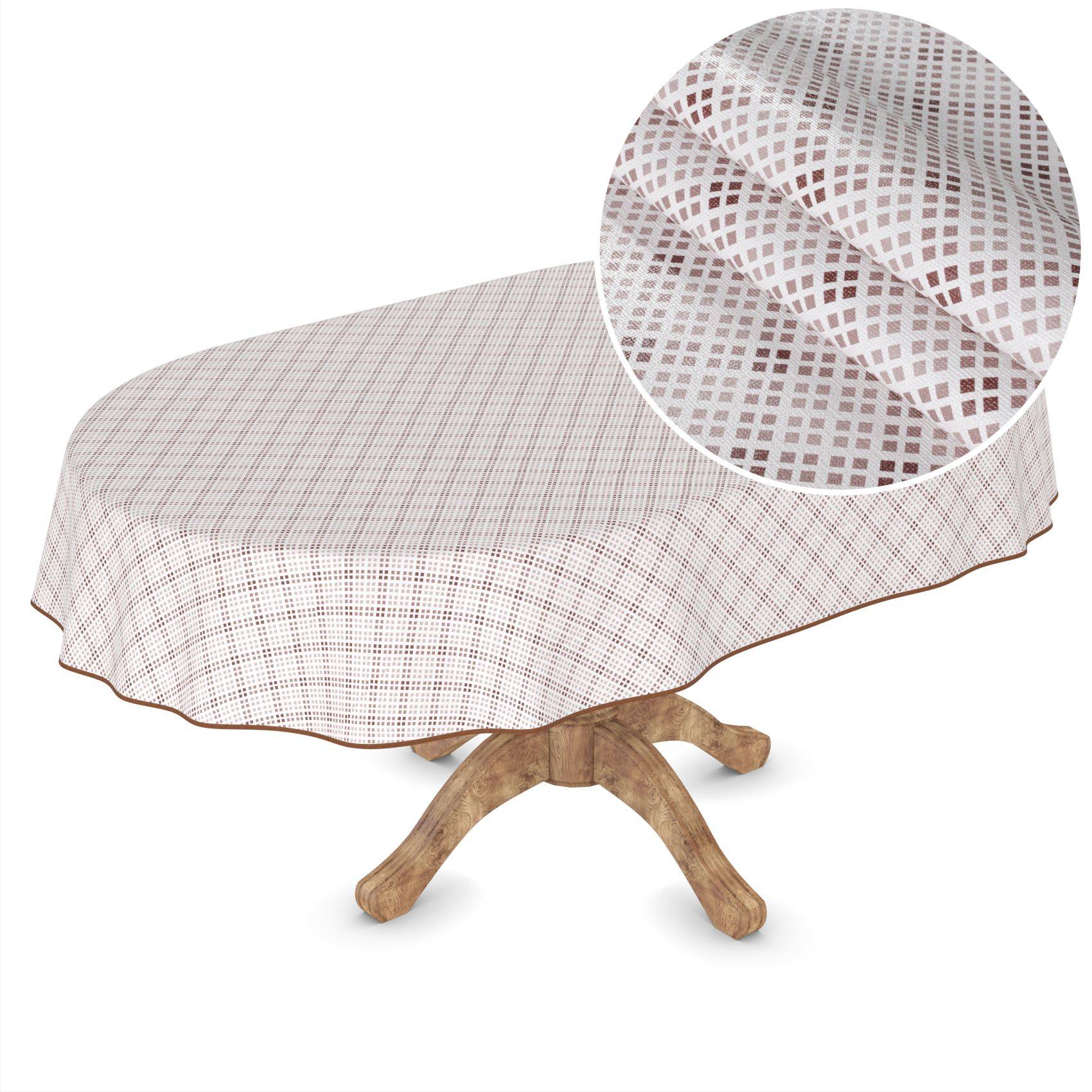 Runder Tisch mit einer hell gemusterten Tischdecke und hölzernem Sockelsockel, dargestellt mit einer vergrößerten Detailaufnahme der Stoffstruktur.