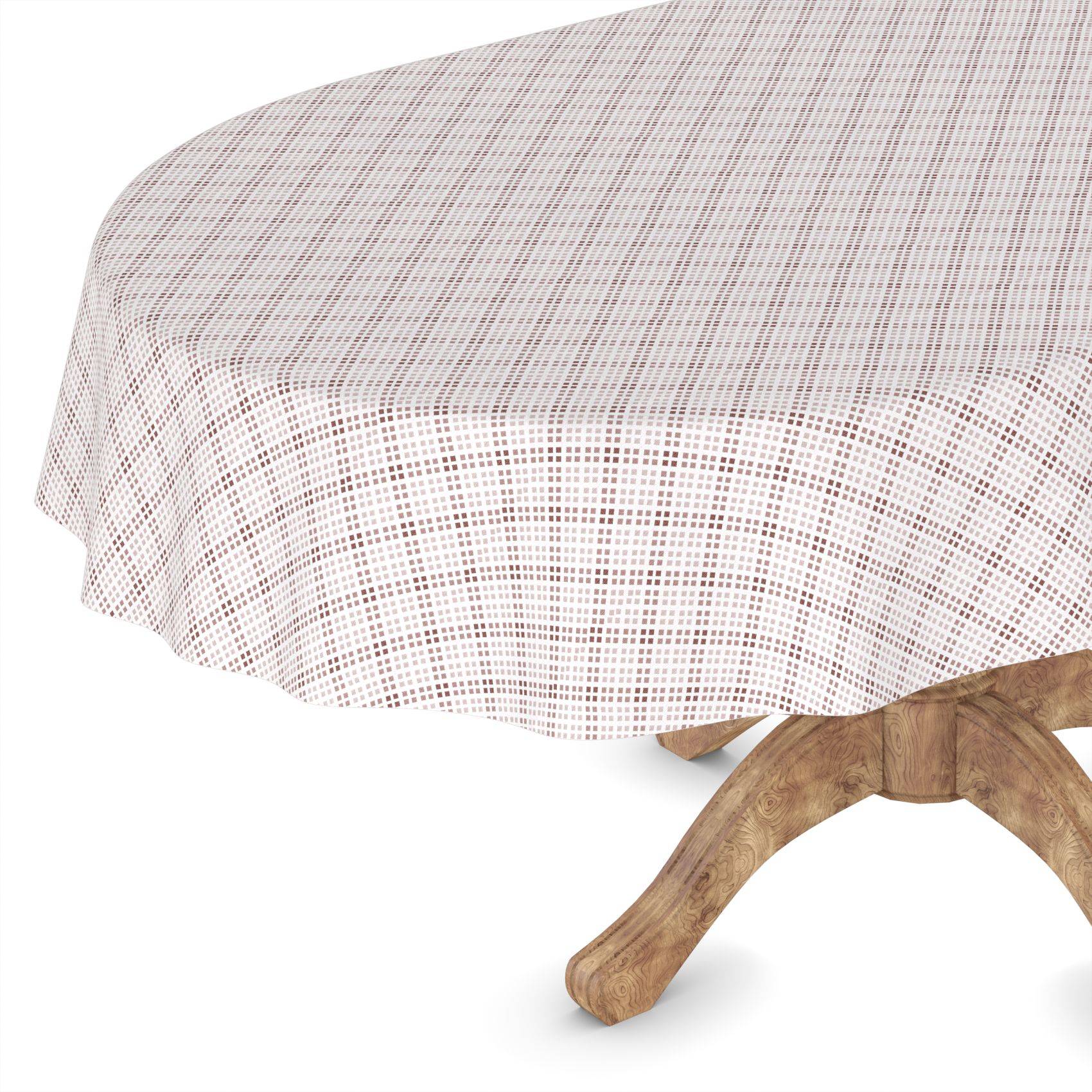 Runder Tisch mit einer weiß gemusterten Tischdecke und Holzsockelsockel auf einfachem weißem Hintergrund.