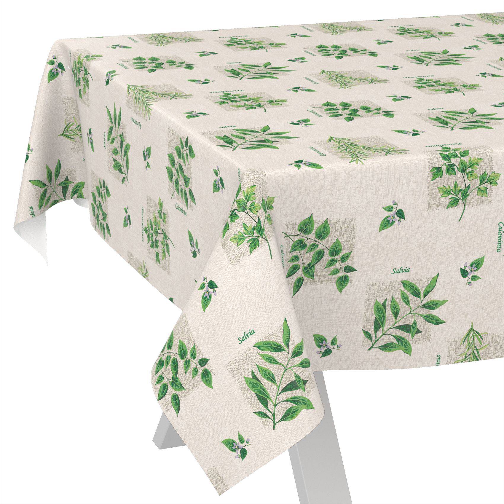 Hellbeige Tischdecke mit grünem botanischem Blatt- und Astdruck, über einen Tisch drapiert und an den Ecken herunterhängend.