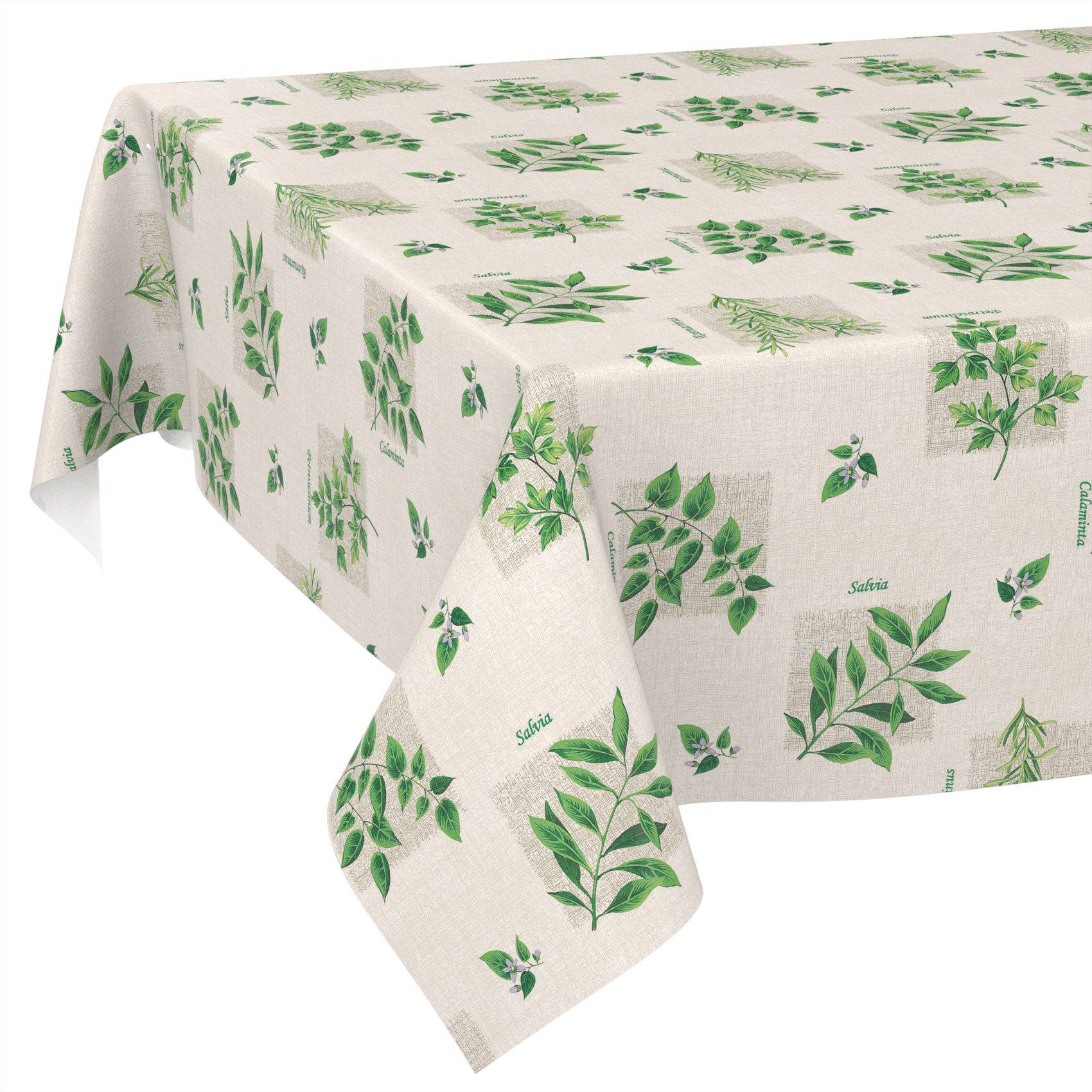 Rechteckige Tischdecke mit weißem Hintergrund und grünem Blatt- und Kräuterdruck, über einen Tisch drapiert.