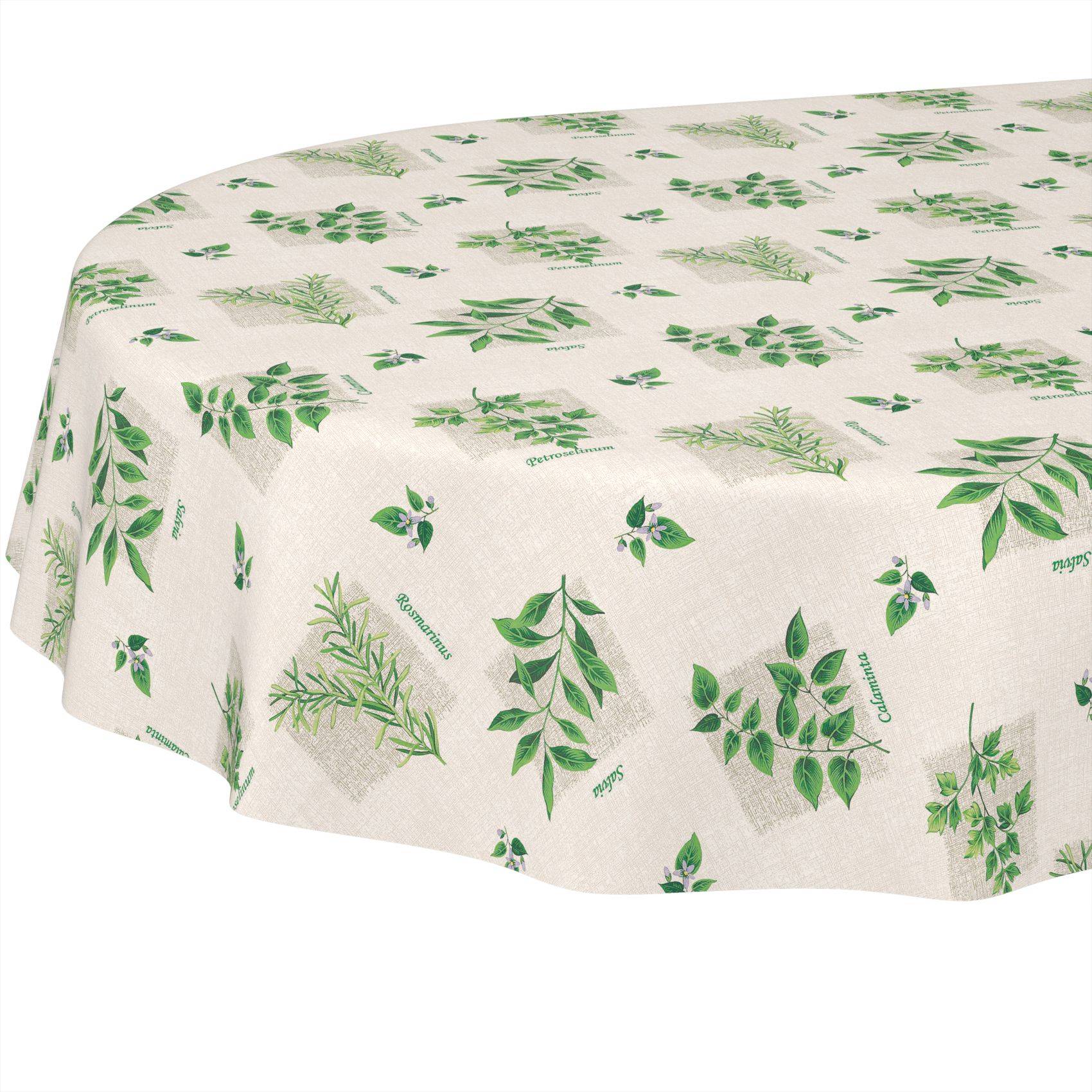 Runde Tischdecke mit cremefarbenem Hintergrund und verstreuten grünen Kräuter- und Blattdrucken.
