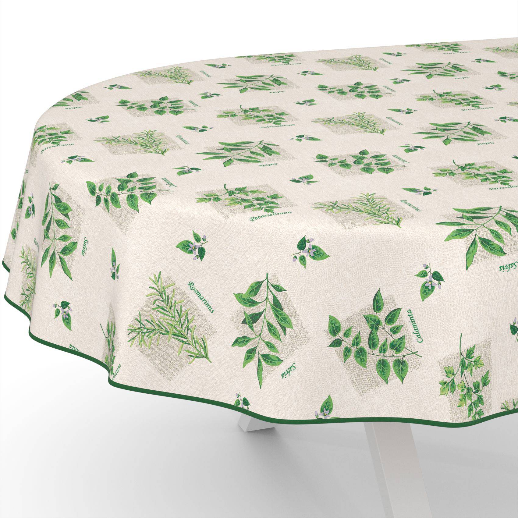 Runde Tischdecke mit grünen botanischen Blatt- und Kräuterdrucken auf cremefarbenem Hintergrund, mit dunkelgrüner Paspelierung besetzt.