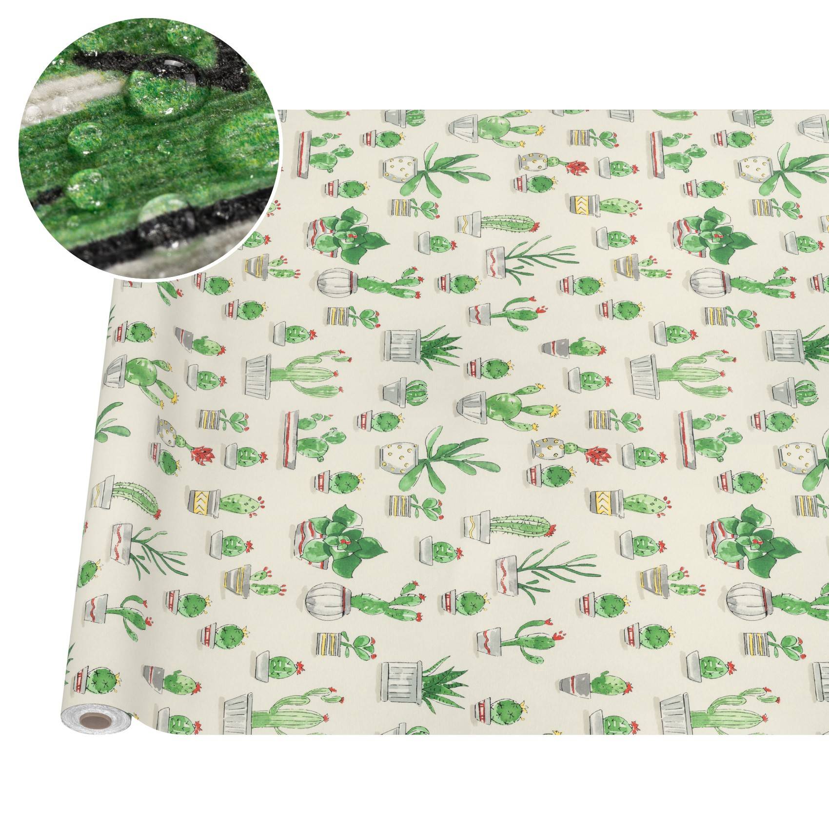 Rolle cremefarbenes Geschenkpapier mit gedruckten verschiedenen Topfkakteen und Sukkulenten, mit einer vergrößerten Nahaufnahme der strukturierten Oberfläche.