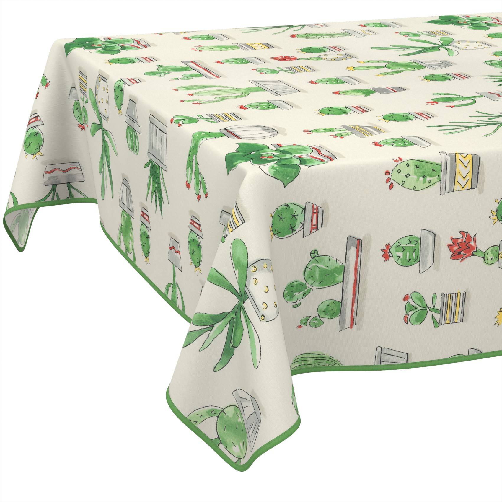 Eine rechteckige Tischdecke mit weißem Hintergrund und verspielten grünen Kaktus- und Topf-Illustrationen, mit grünem Rand verziert.