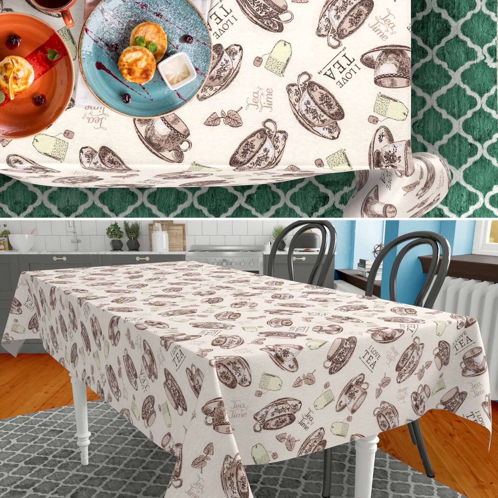 Teetassen-Tischdecke auf einem Esstisch, in Nahaufnahme und in einer Küche/Esszimmer gezeigt, mit Teetassen- und Teekannenmuster in Creme, Braun und Grün.