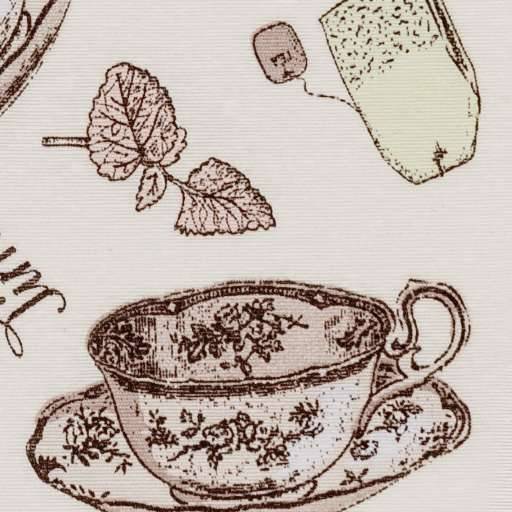 Eine Illustration einer Vintage-Blumenteetasse und Untertasse mit einem Teebeutel, einem Blatt und einer kleinen Flasche darum herum.