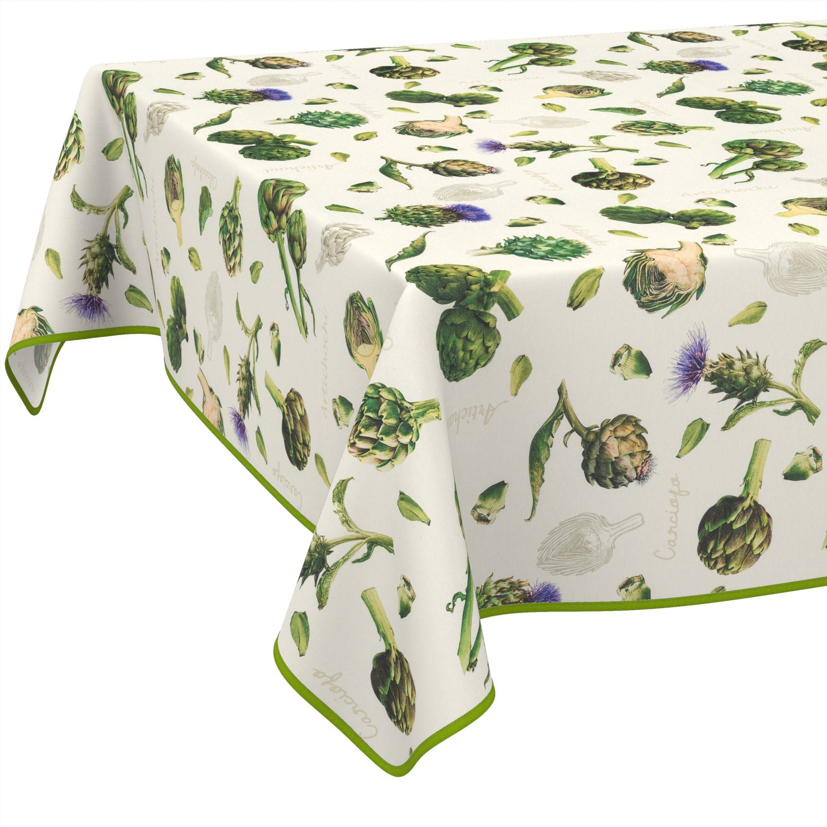 Weiße Tischdecke bedruckt mit grünen Artischocken und Gemüseabbildungen, verziert mit grüner Paspelierung.