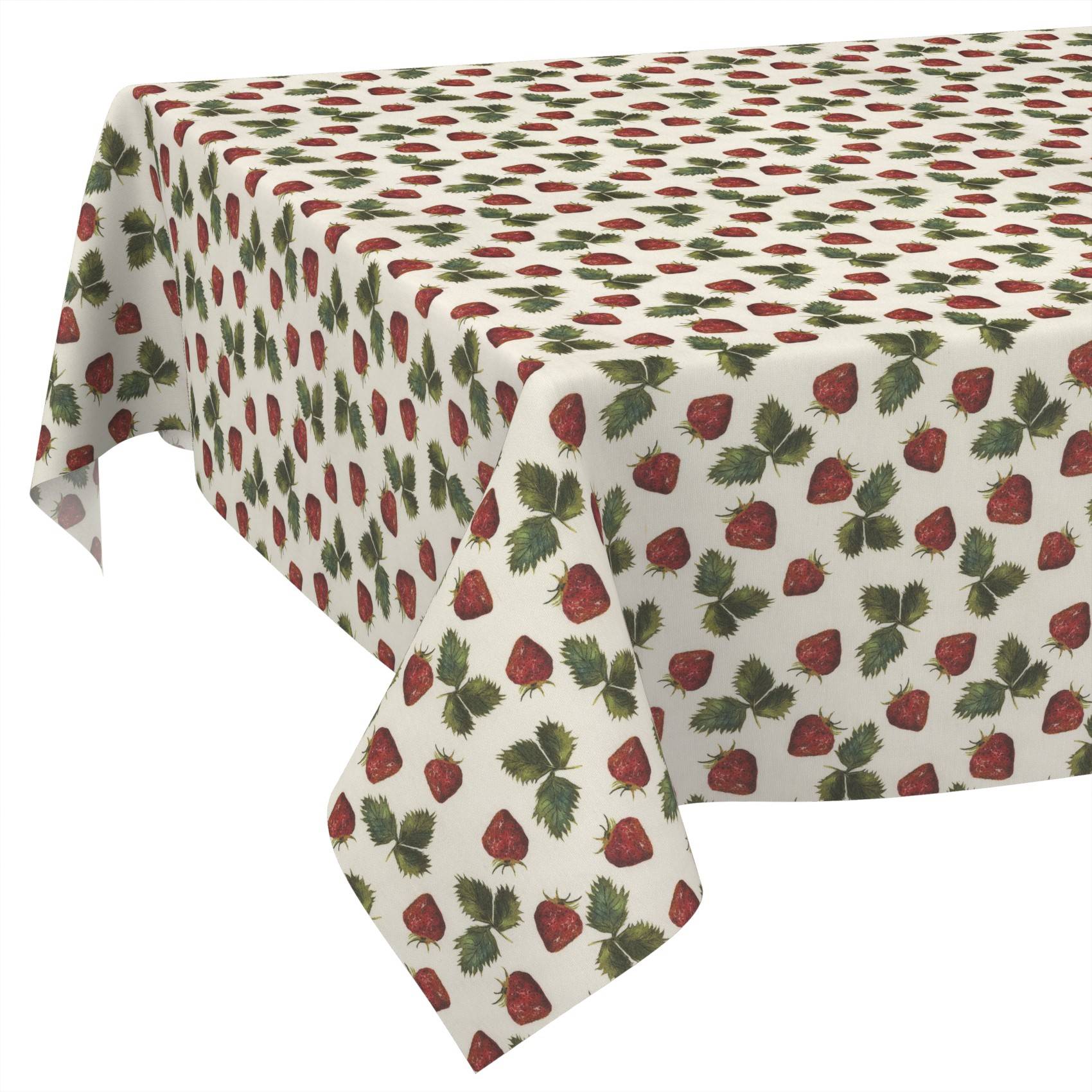 Tischtuch mit einem sich wiederholenden Muster aus roten Erdbeeren und grünen Blättern auf weißem Untergrund.