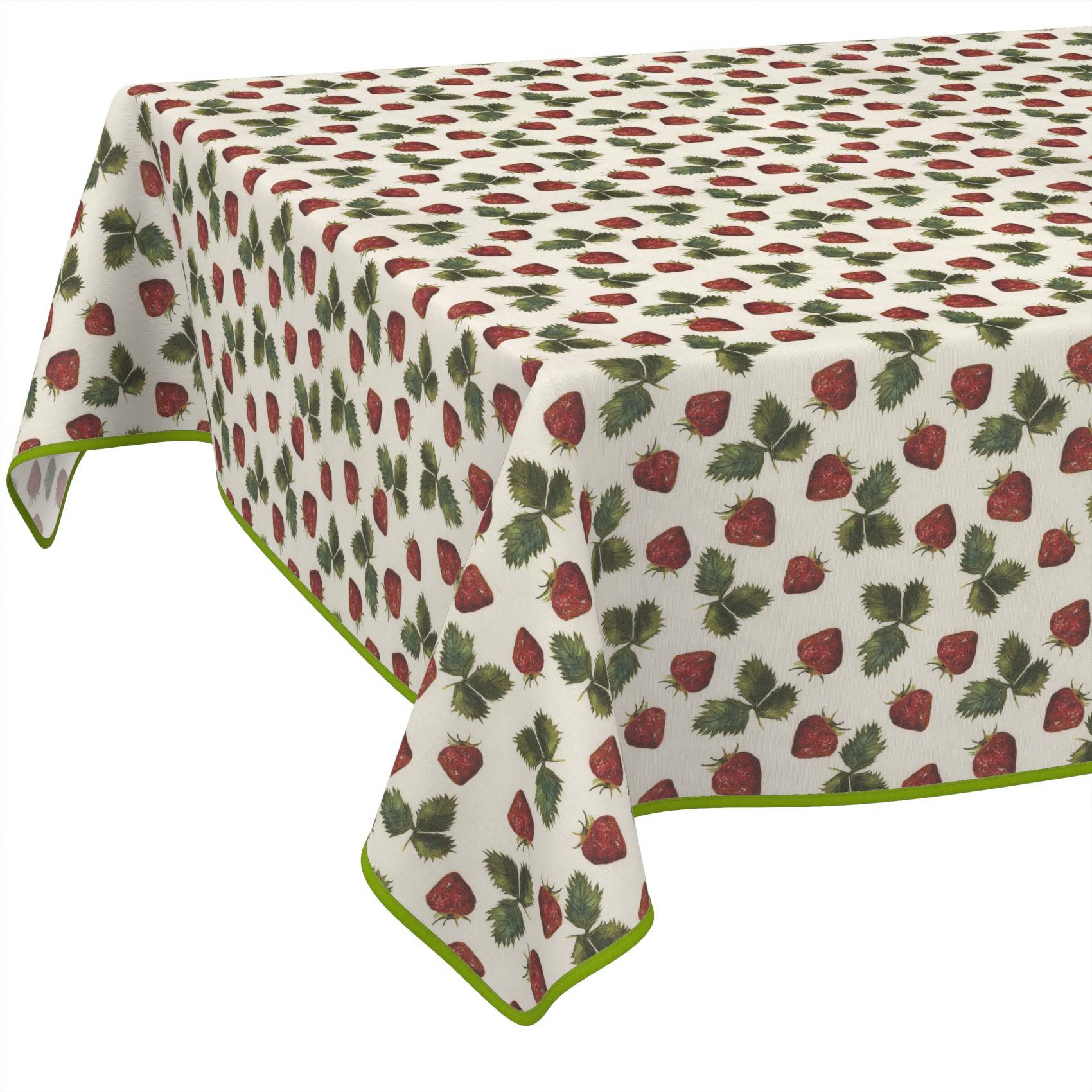 Tischdecke mit wiederholendem Erdbeeren- und Blatmuster, gesäumt mit grüner Borte.