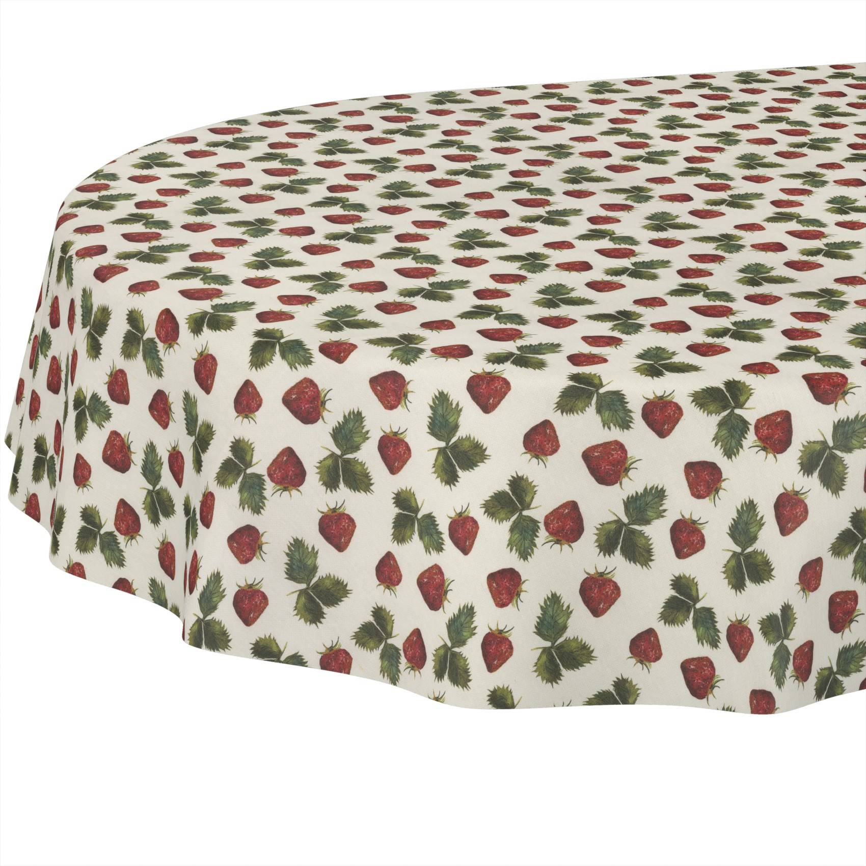 Weißes Tischtuch mit wiederholendem Druck aus roten Erdbeeren und grünen Blättern