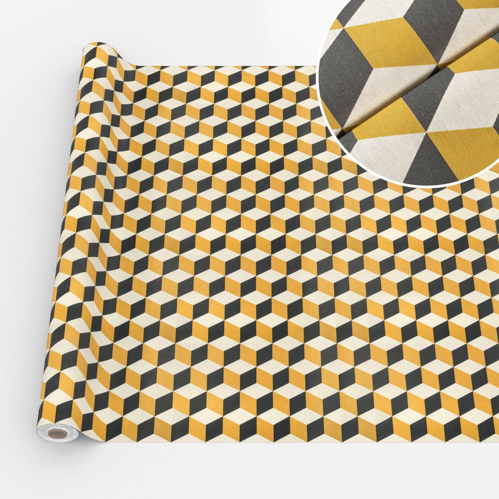 Rolle geometrischer Tapete mit sich wiederholendem Muster aus schwarzen, weißen und senffarbenen Würfeln; Nahaufnahme im Inset zeigt die gleiche Designtextur.