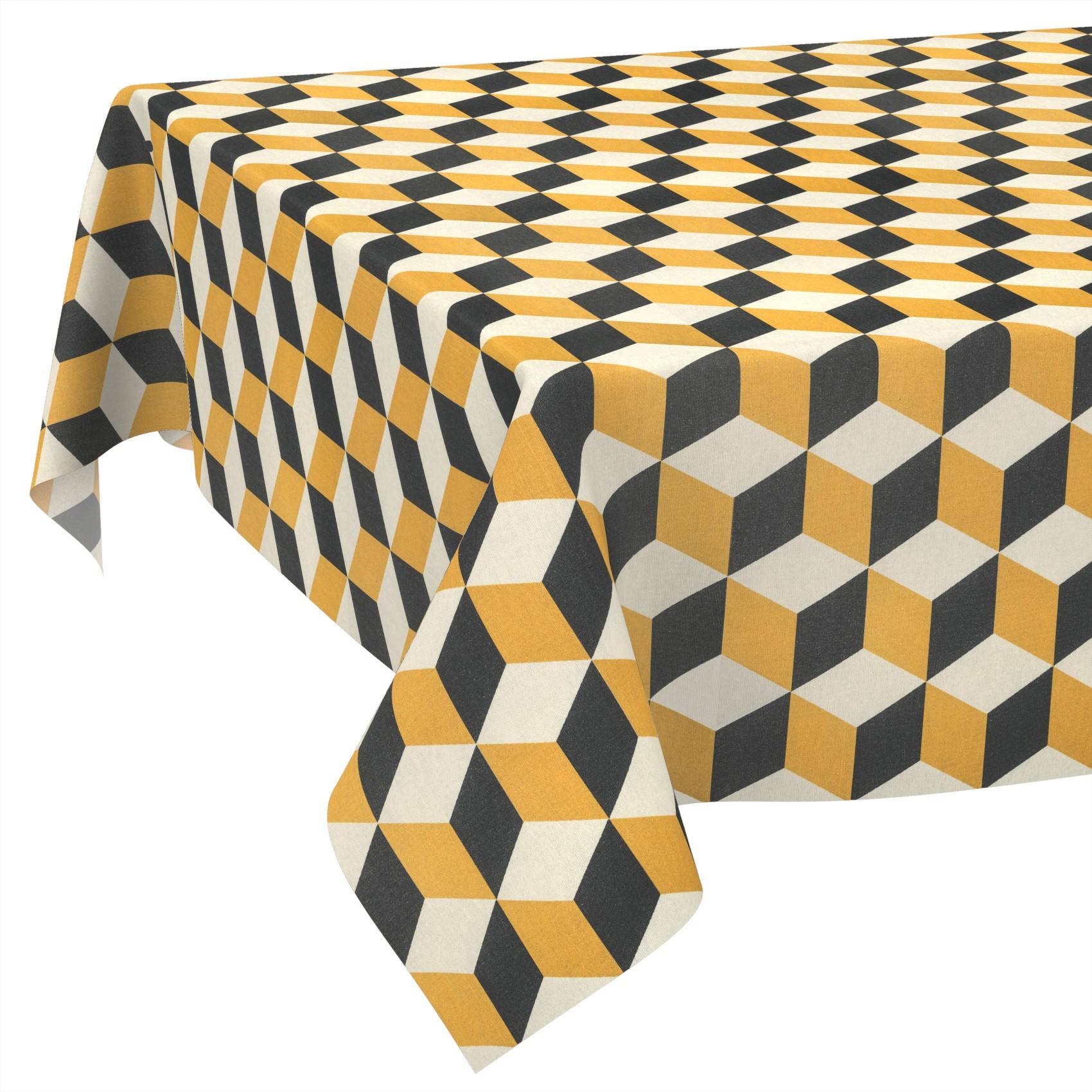 Tischtuch mit einem geometrischen schwarz-gelb-weißen Würfelmuster über einem Tisch drapiert.