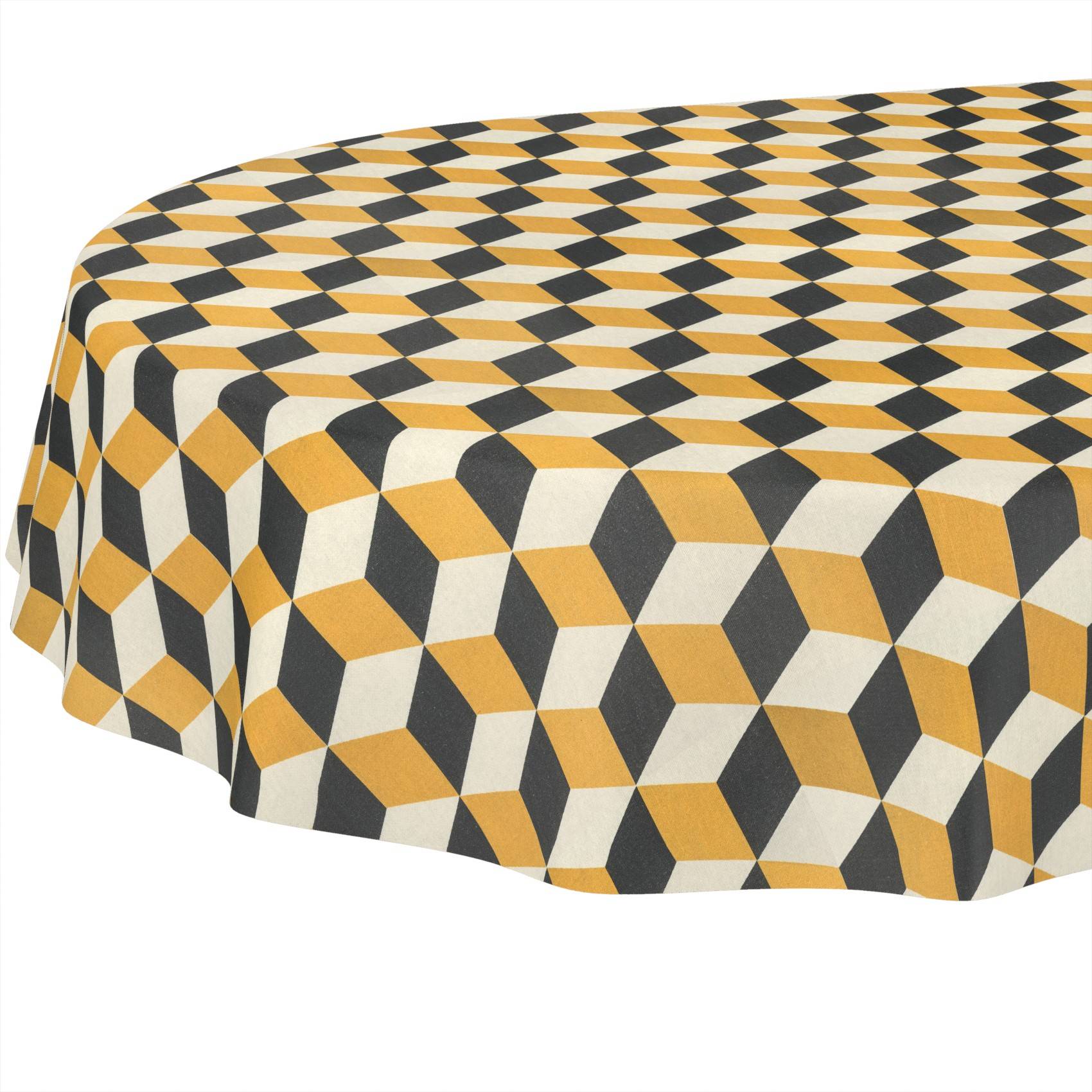 Runder Tisch mit einer geometrisch gemusterten Tischdecke in Gelb, Schwarz und Weiß.