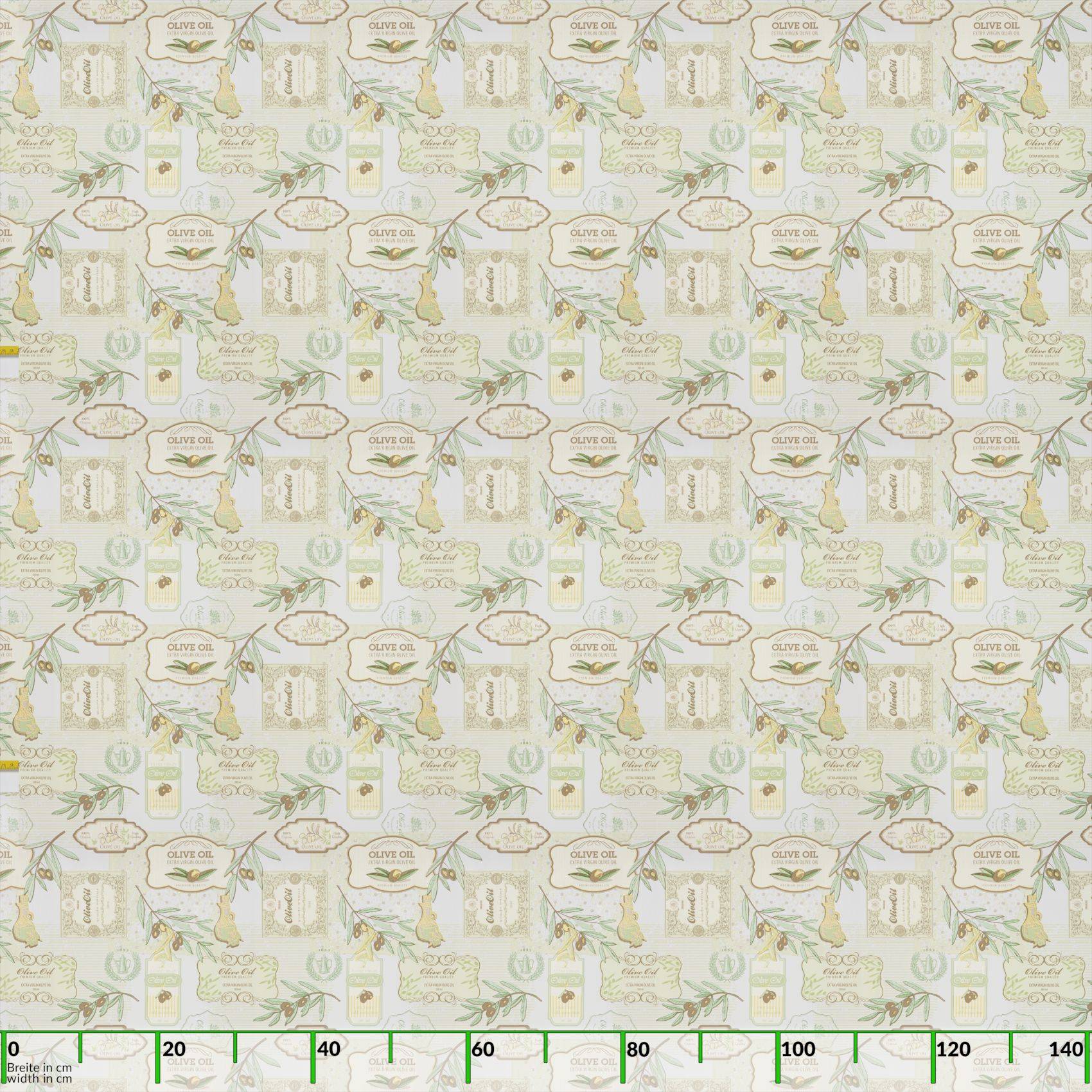 Wiederholtes, vintage oliventhematisches Tapetenmuster mit Ästen, Oliven, Vogelmotiven und dem Text „OLIVENÖL