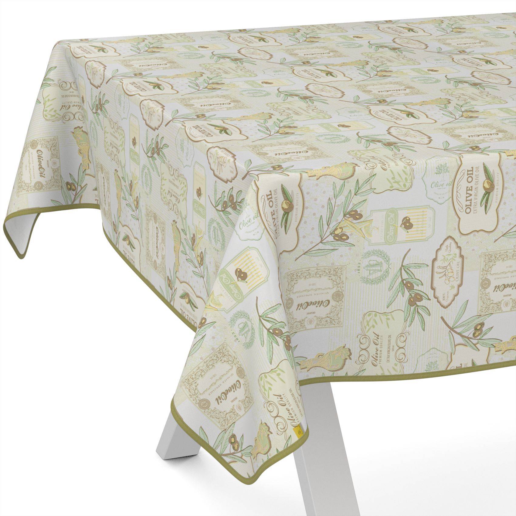 Rechteckige Tischdecke mit zartem grünem Vintage-Botanik- und Früchteprint, über einen Tisch mit gemusterten Kanten drapiert.
