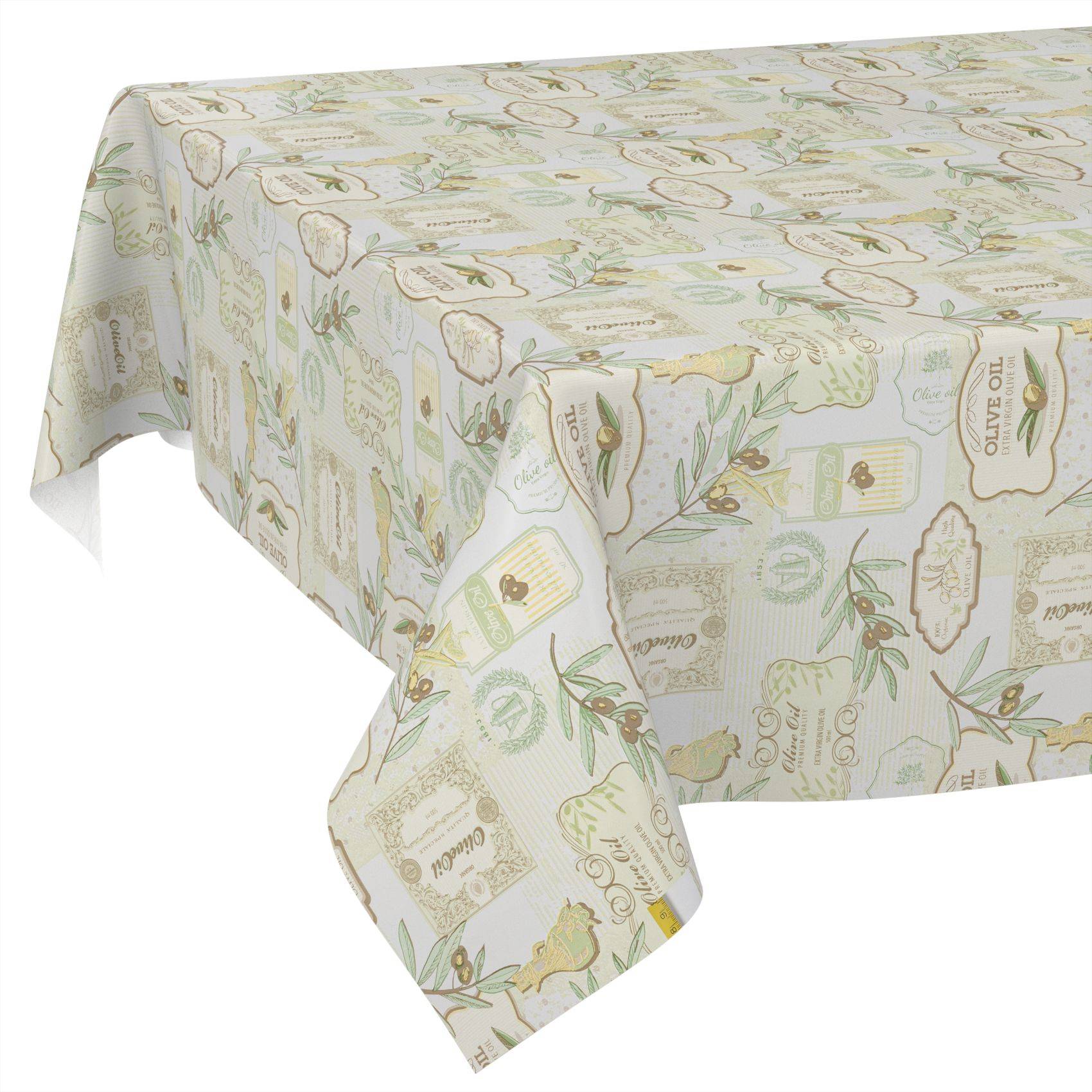 Rechteckige Tischdecke mit hellem Olivton und Kräuterdruck, über einen Tisch drapiert und über die Kanten herabhängend.