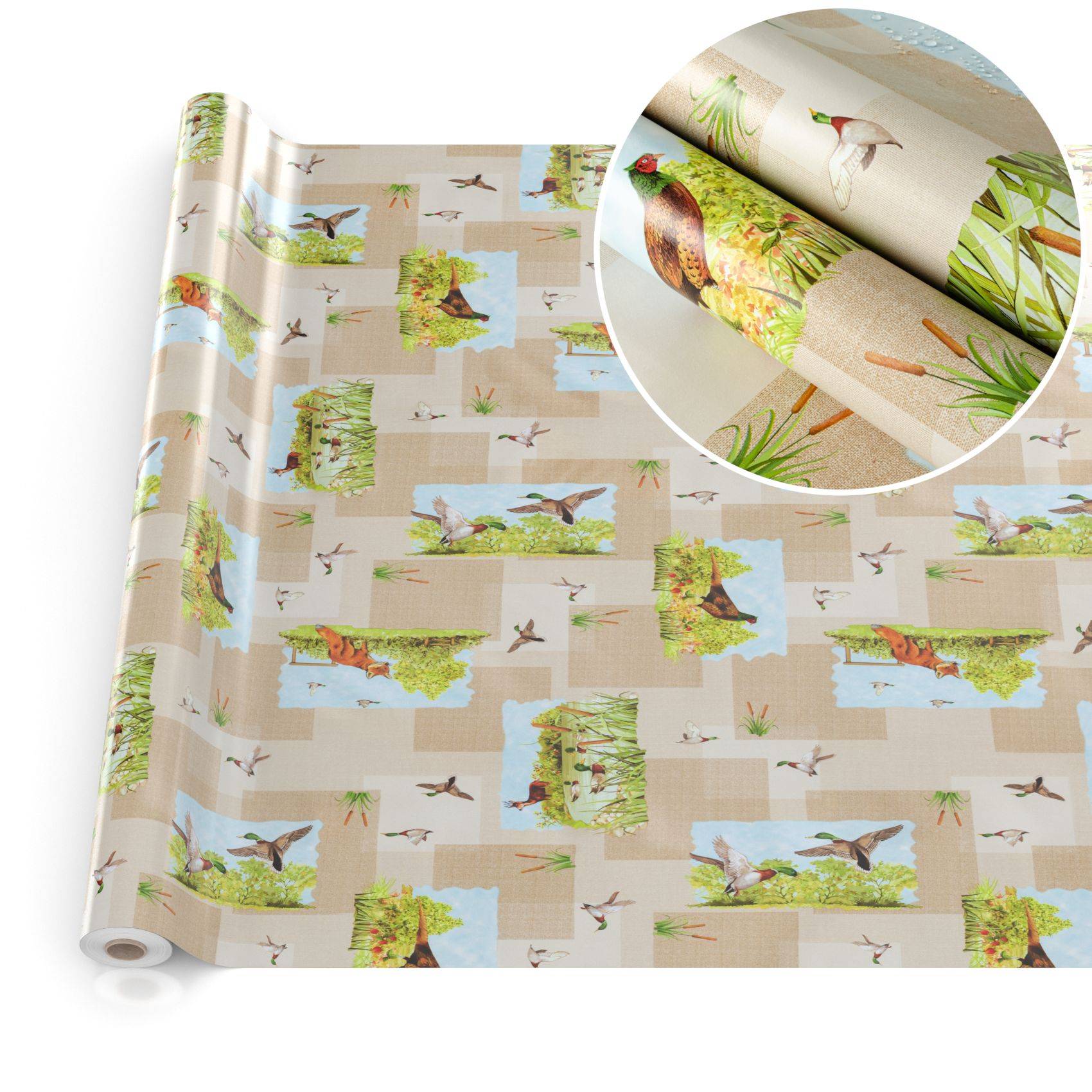 Rolle dekorativer Tapete mit einem Naturmotiv aus Vögeln, Blättern und Gras in Beige- und Grüntönen, gezeigt mit einer Nahaufnahme-Detailansicht.