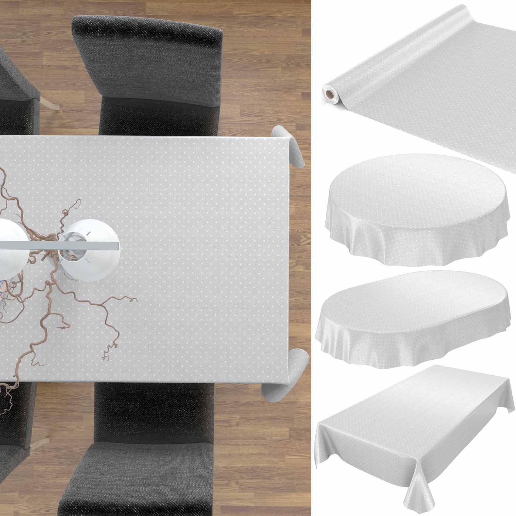 Draufsicht auf eine Esszimmertischszene mit einer weiß gemusterten Tischdecke; die rechte Seite zeigt den Stoff in Rollenform und drei angepasste Tischdeckenformen für runde und rechteckige Tische.