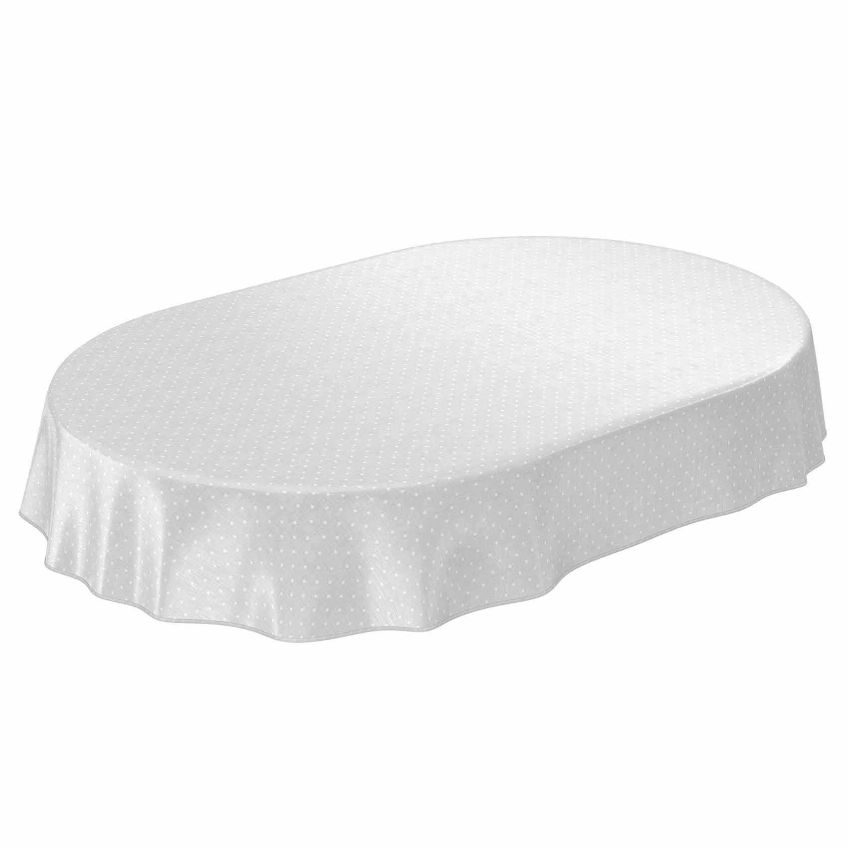 Ovaler Tisch mit einer weißen gemusterten Tischdecke auf einfachem Hintergrund.