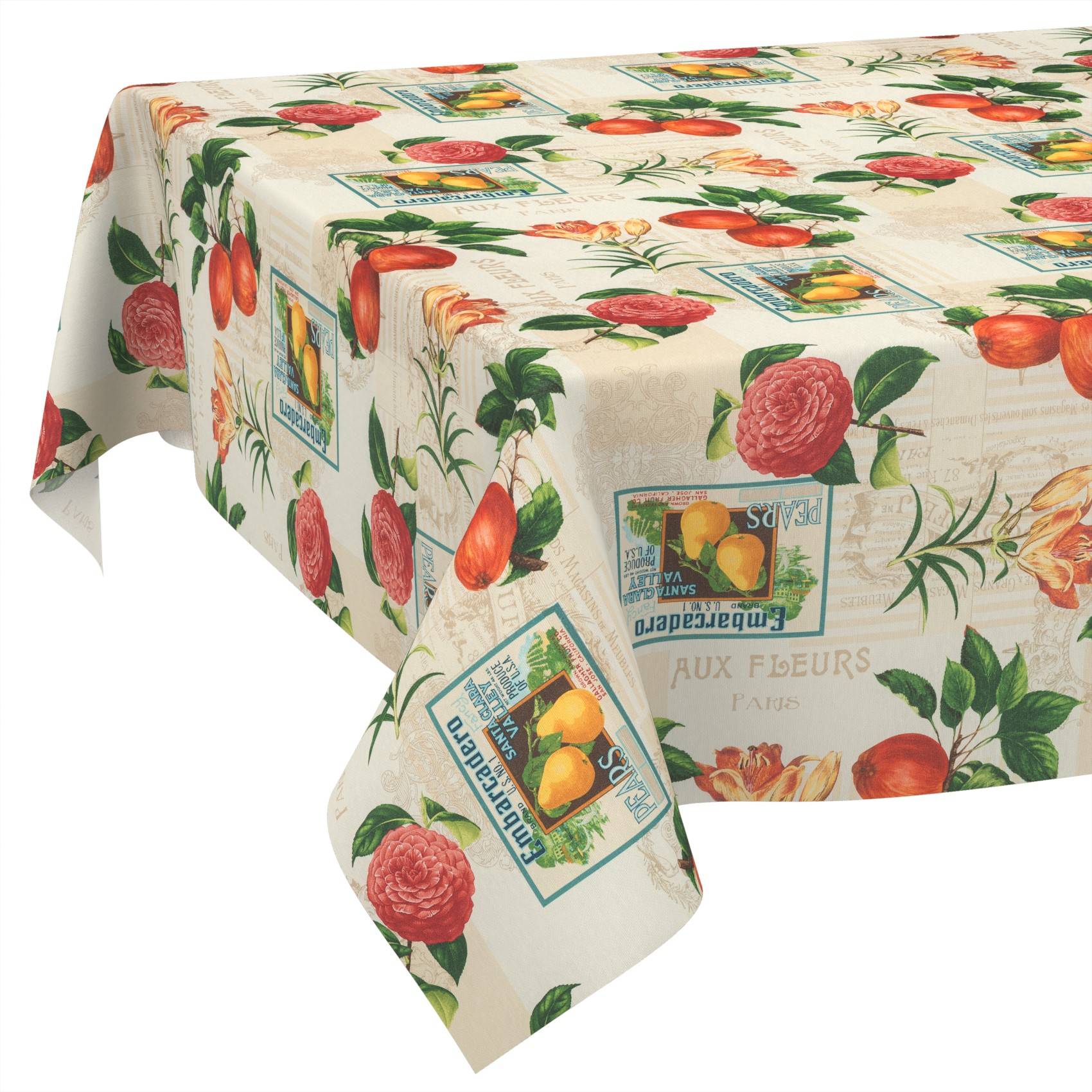 Tischdecke mit Fruchtmuster mit Pfirsichen, Rosen und Vintage-Stil französischen Etiketten auf cremefarbenem Hintergrund