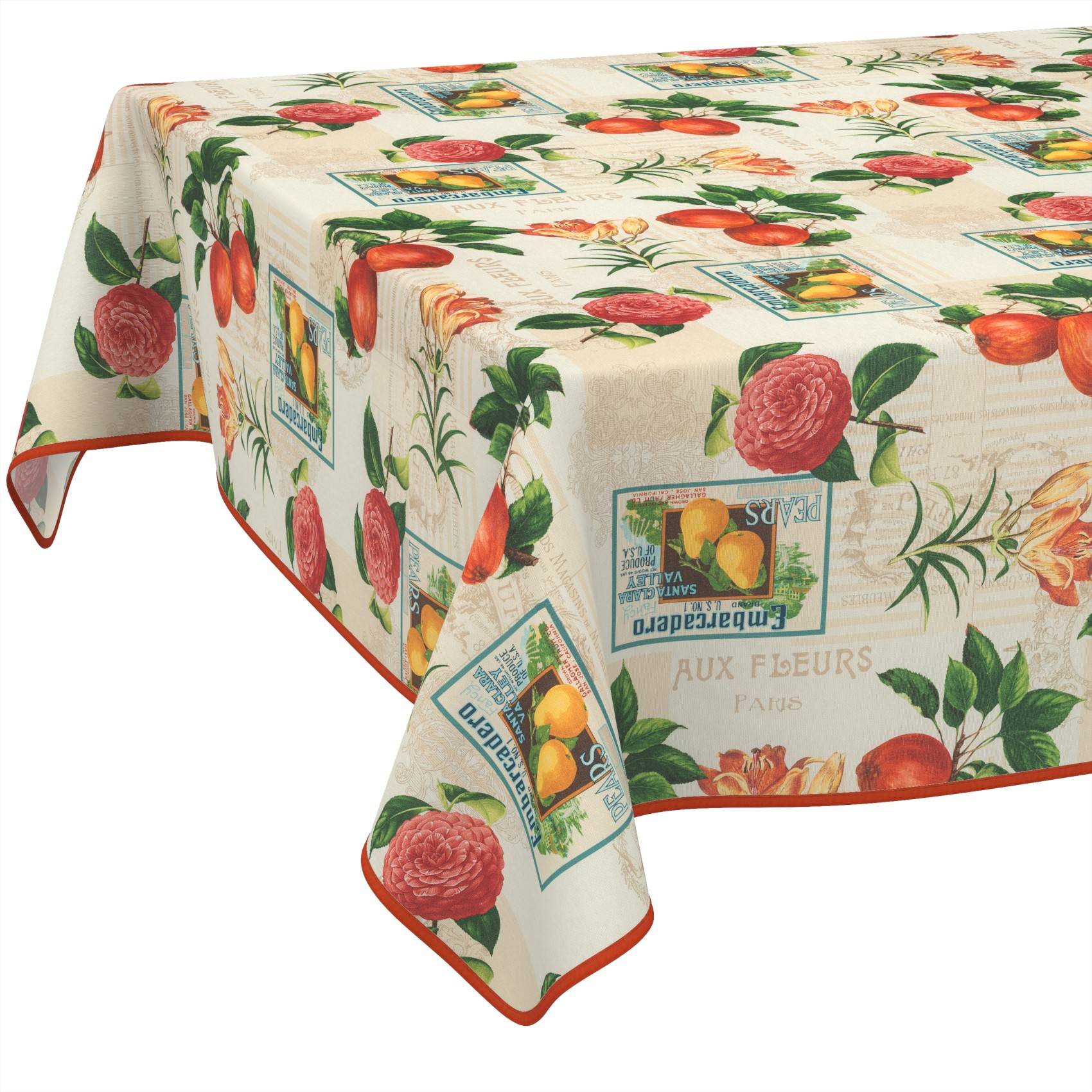 Rechteckige, floral bedruckte Tischdecke mit Obst- und Blumenillustrationen und rotem Rand über einem Tisch drapiert