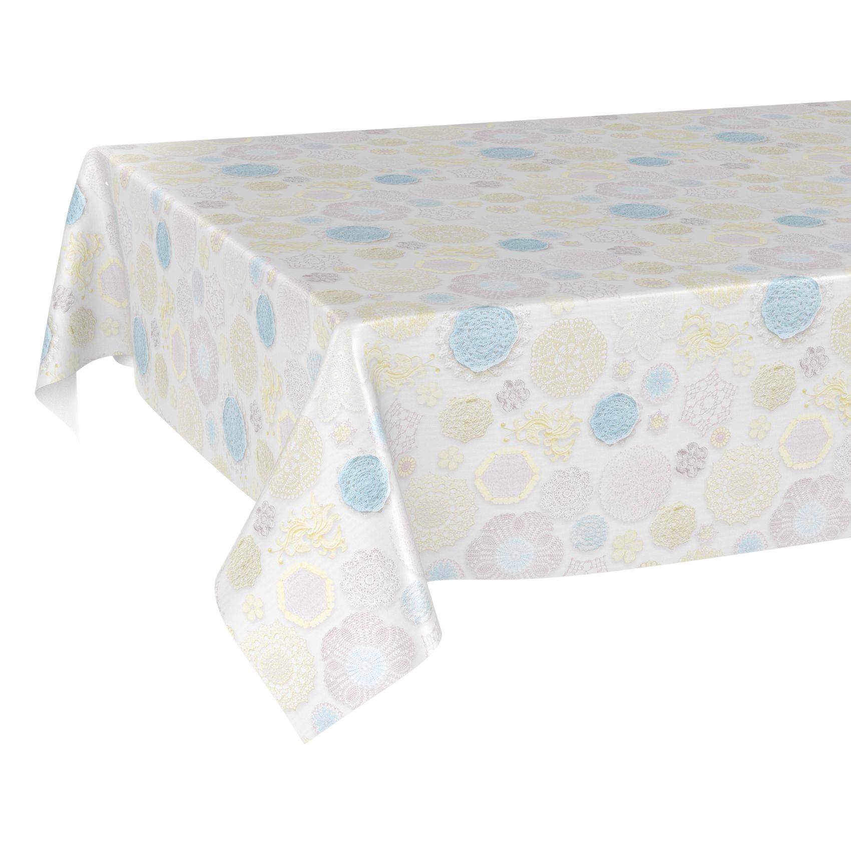 Tischdecke mit Pastellmuster, über einen rechteckigen Tisch drapiert, mit sanften blauen, gelben und weißen Kreismustern.