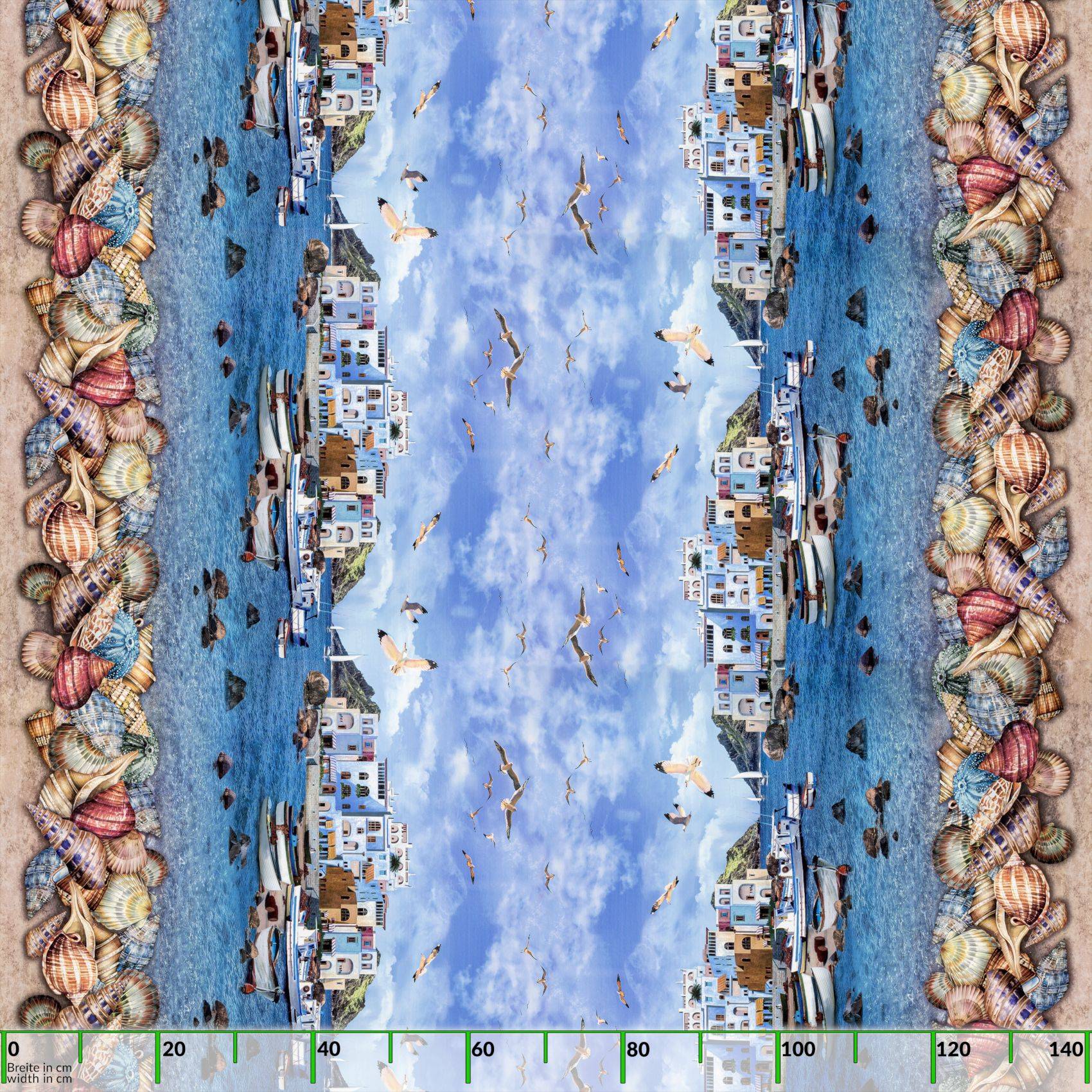 Abstrakte gespiegelte Strandszene mit Booten, Möwen und blauem Himmel, umrahmt von Reihen bunter Muscheln.