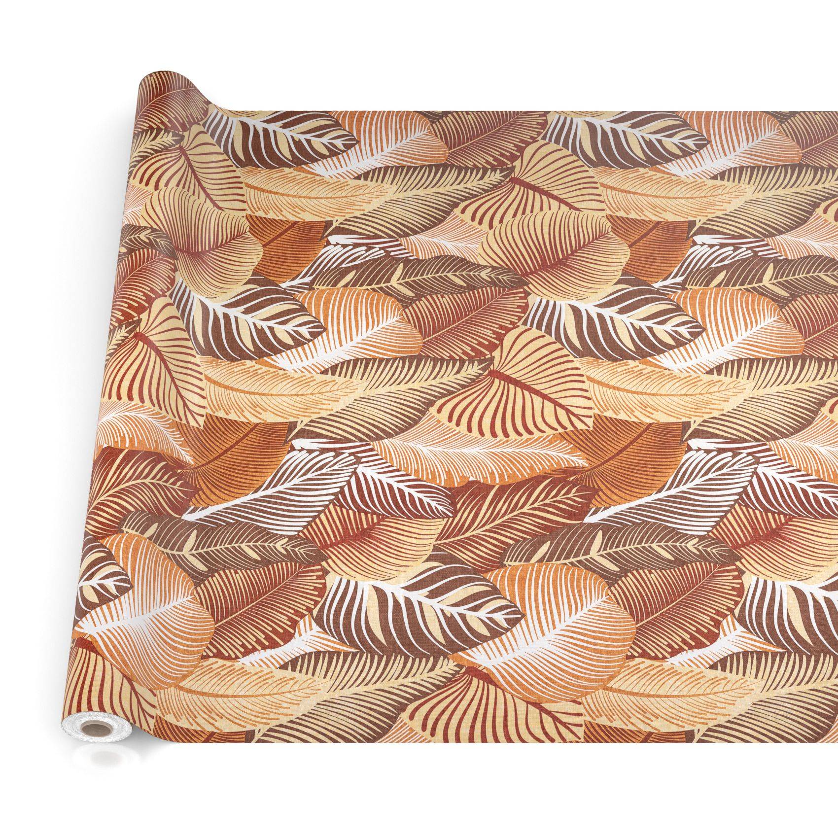 Rolle Dekorativpapier mit sich wiederholendem Herbstblattmuster in Braun, Orange, Creme und Weiß.
