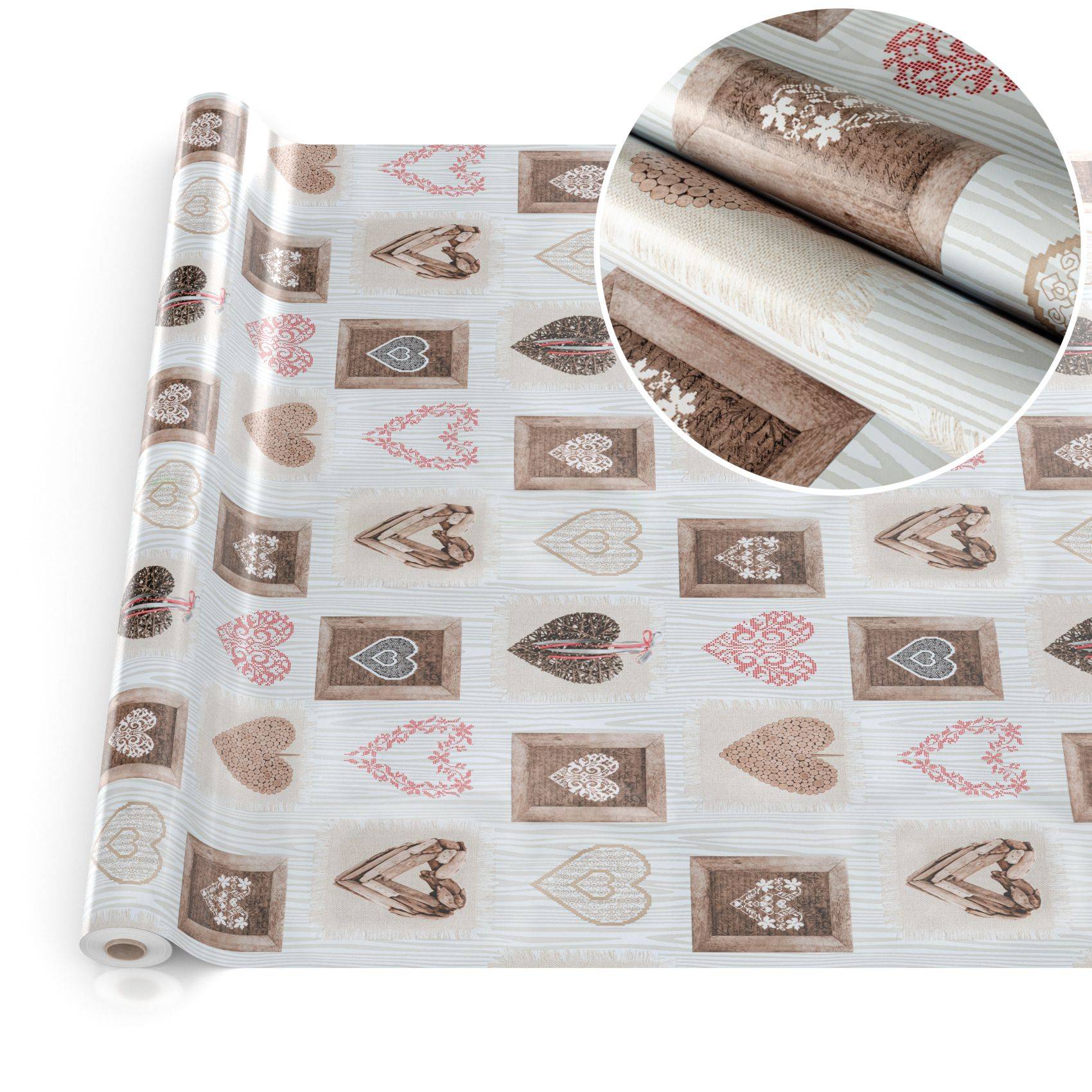 Rolle Dekorativpapier mit sich wiederholenden Herz- und gerahmten Blumenmustern in Braun, Rosa und Weiß, gezeigt mit einer Nahaufnahme der Textur.