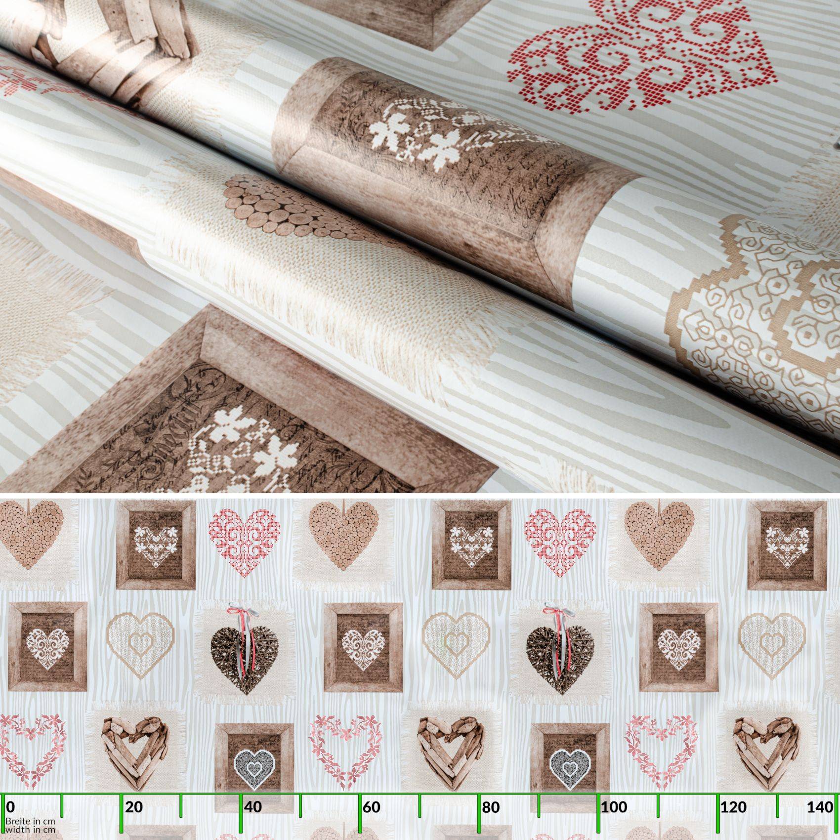 Tapetenmuster mit beige, braun und rosa Herz- und Blumenmotiven, dargestellt als gerolltes und abgerolltes sich wiederholendes Design.