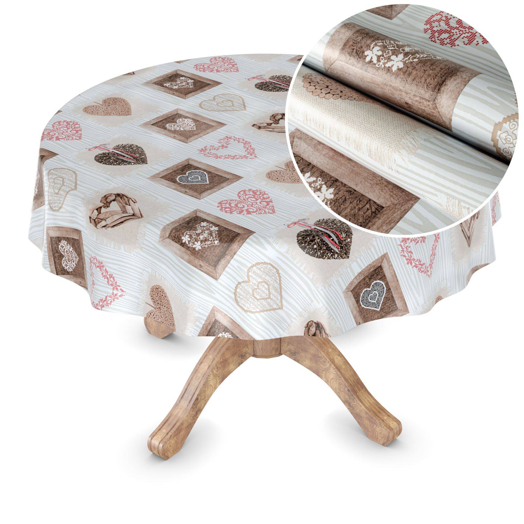 Runder Tisch mit einer Tischdecke mit Herzmuster in Braun und Rosa, gezeigt mit einer eingefügten Nahaufnahme der Stoffstruktur.