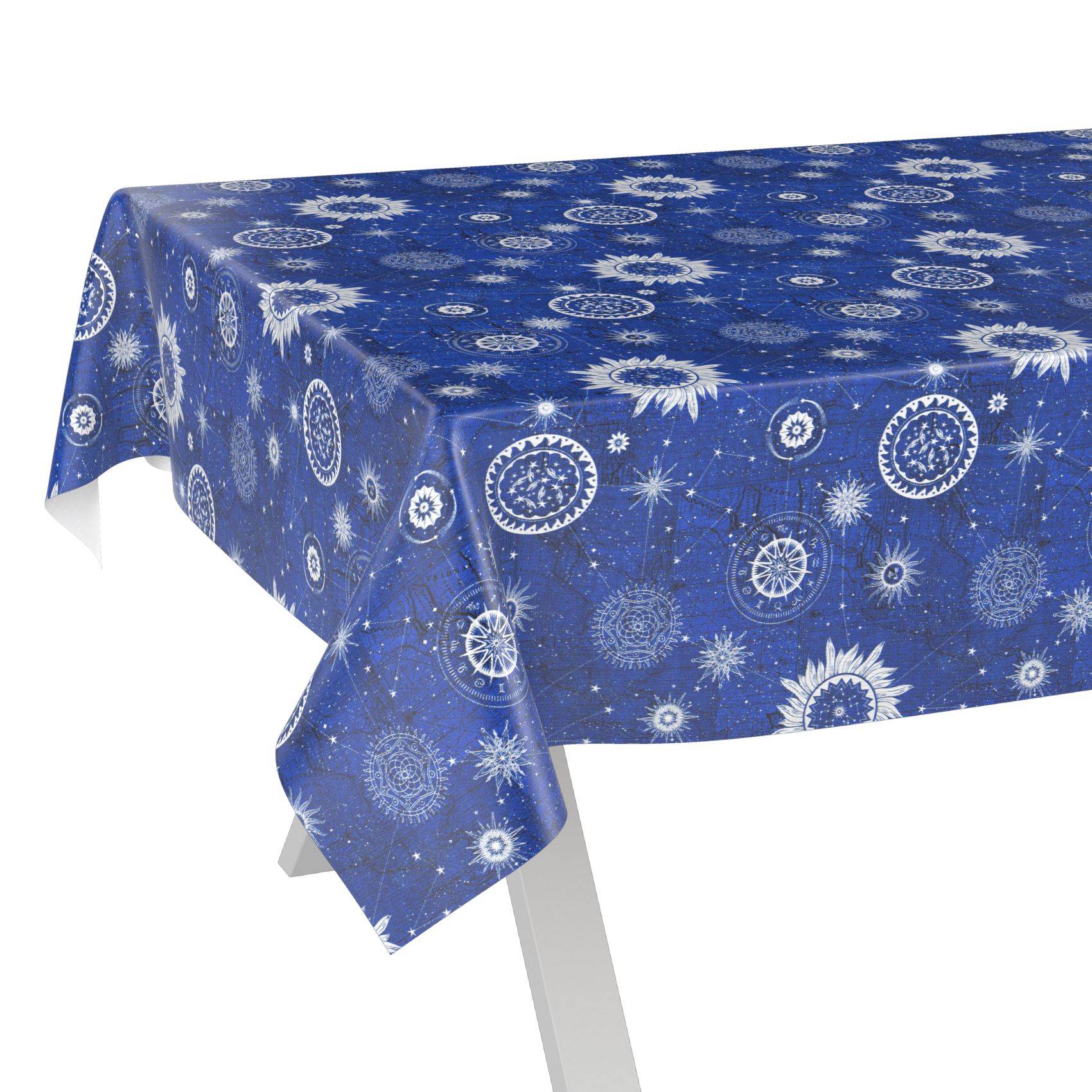 Blaue Tischdecke mit weißen Kreis- und Strahlenmustermustern, die über einem Tisch drapiert ist