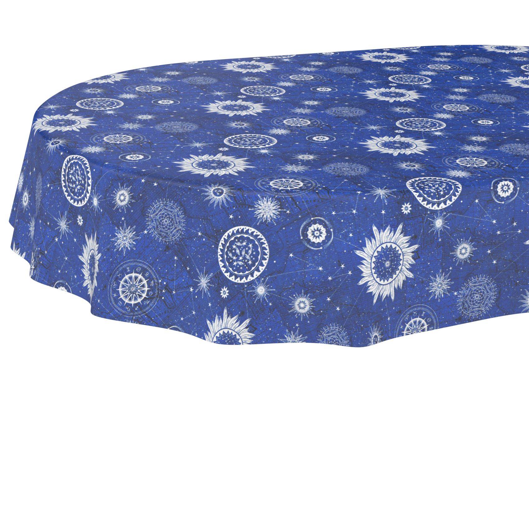 Blaue Tischdecke mit weißem Schneeflocken- und Strahlenmuster