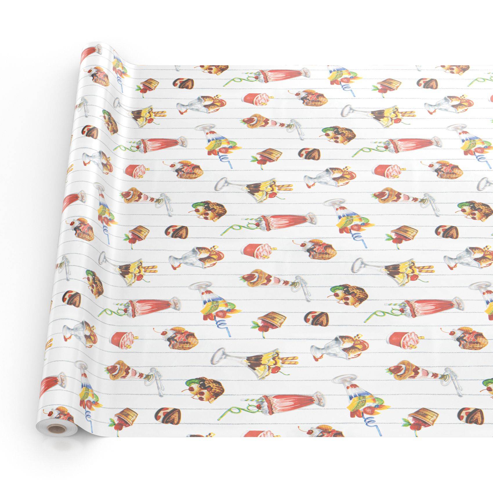 Gerollte weiße Tapete oder Geschenkpapier bedruckt mit bunten Illustrationen von Desserts und Bonbons in Reihen.