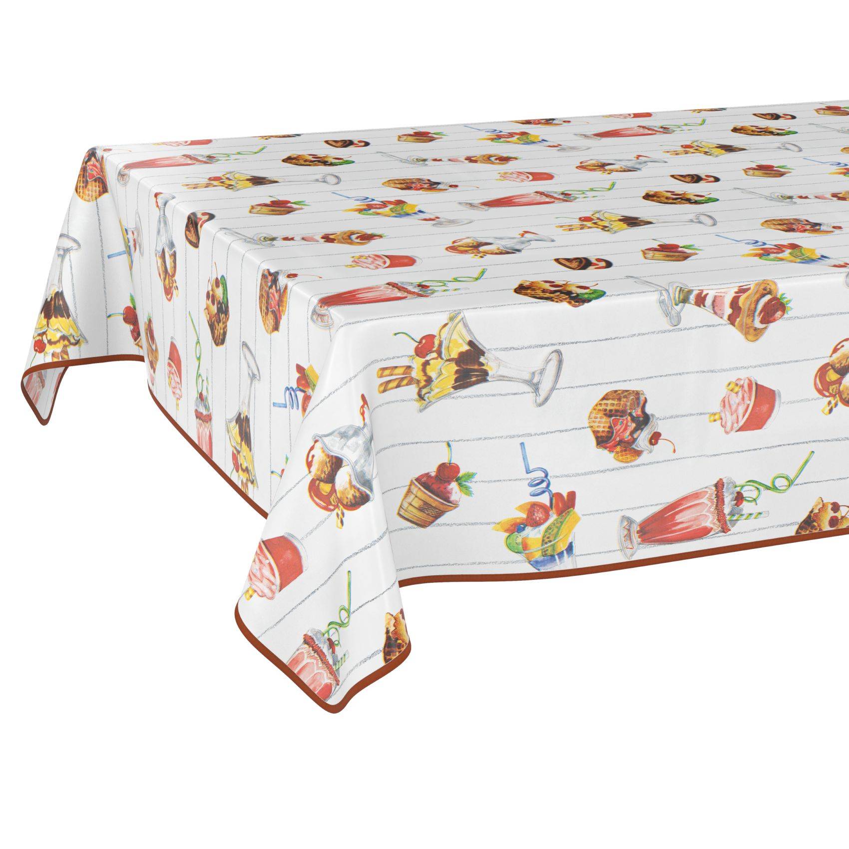 Weiße rechteckige Tischdecke mit bunten Dessert- und Getränkeillustrationen und braunem Rand, über einen Tisch auf weißem Hintergrund drapiert.